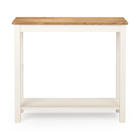 Ivory and oak console table with lower shelf, front view on white background