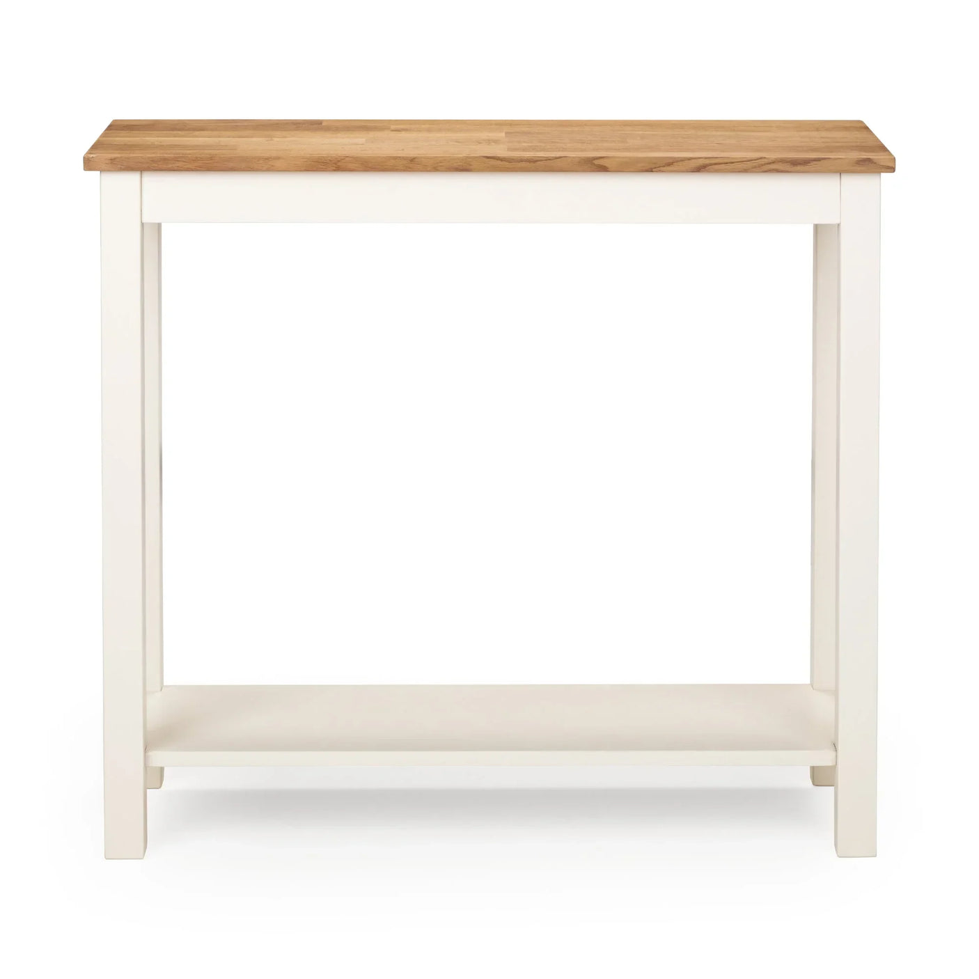 Ivory and oak console table with lower shelf, front view on white background