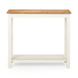 Ivory and oak console table with lower shelf, front view on white background