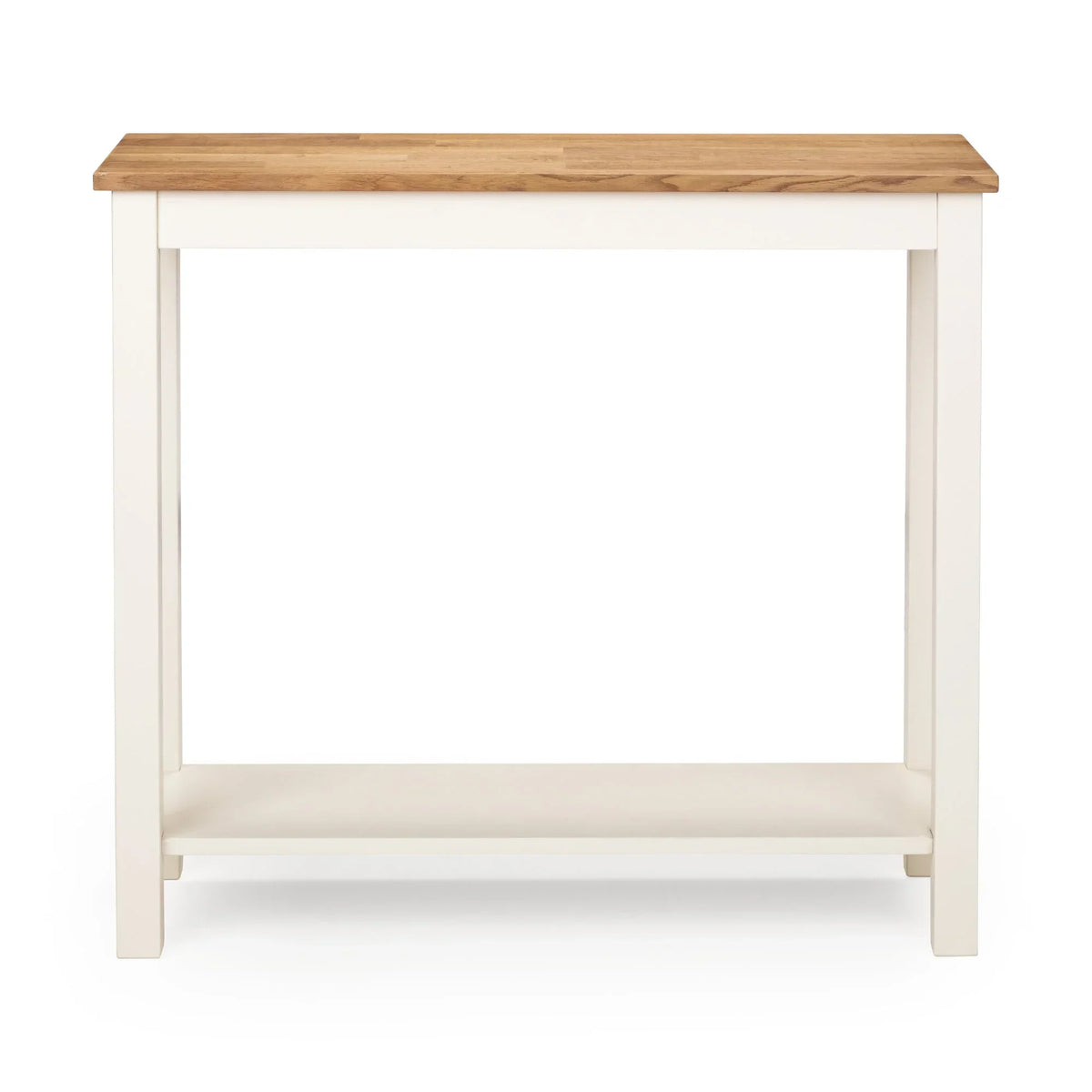 Ivory and oak console table with lower shelf, front view on white background