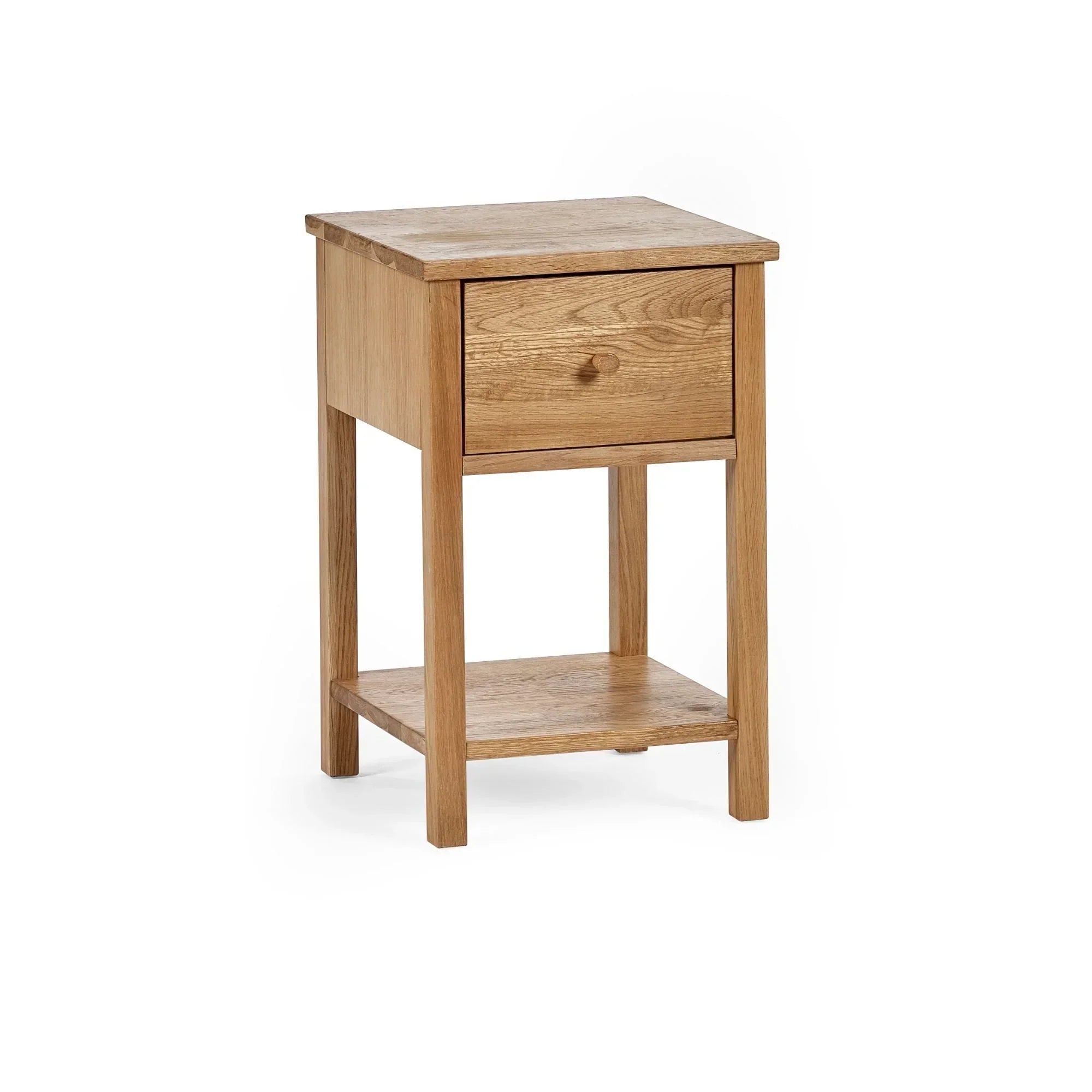 Oak bedside table with single drawer and lower shelf, front angle view