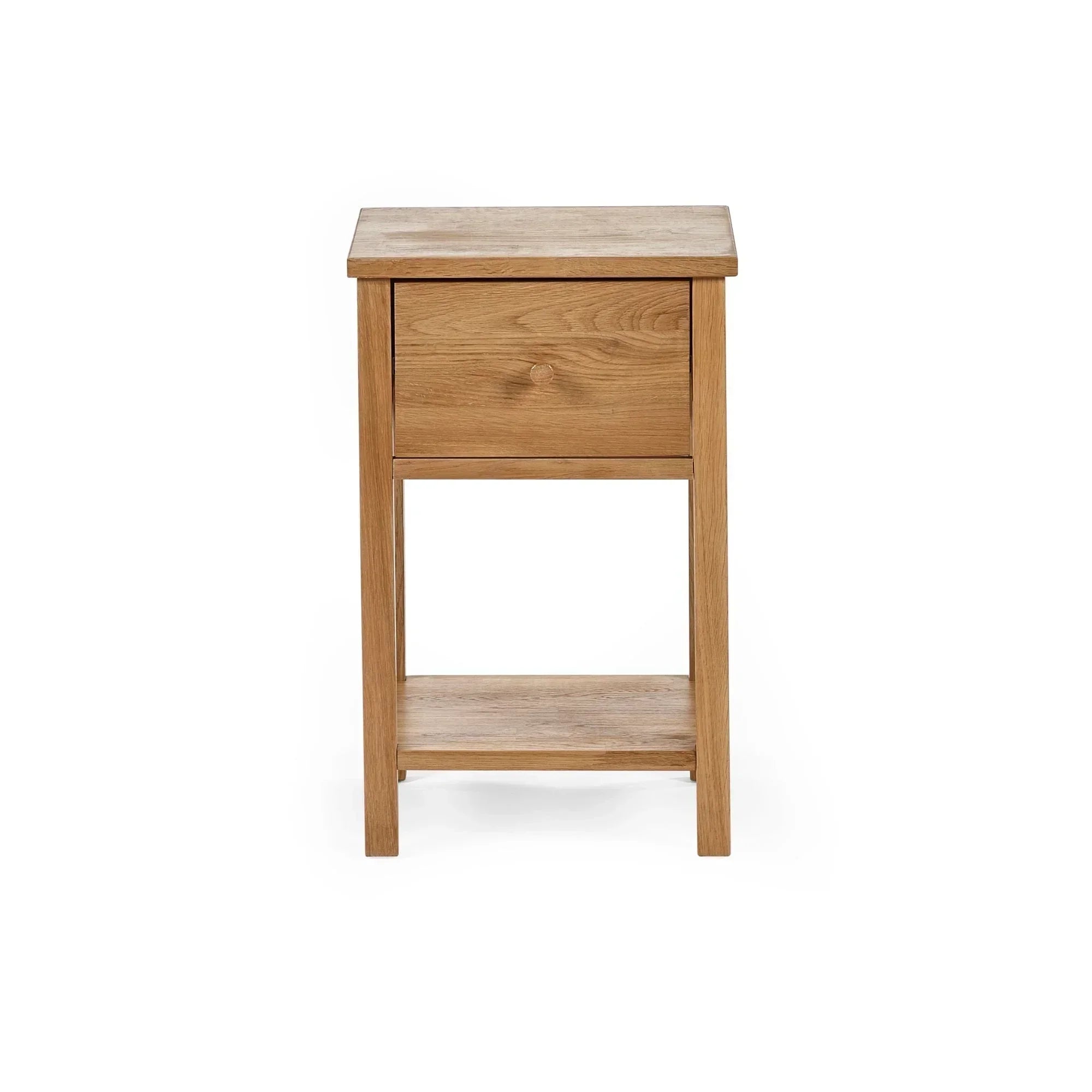 Oak bedside table with single drawer and lower shelf, shown from the front