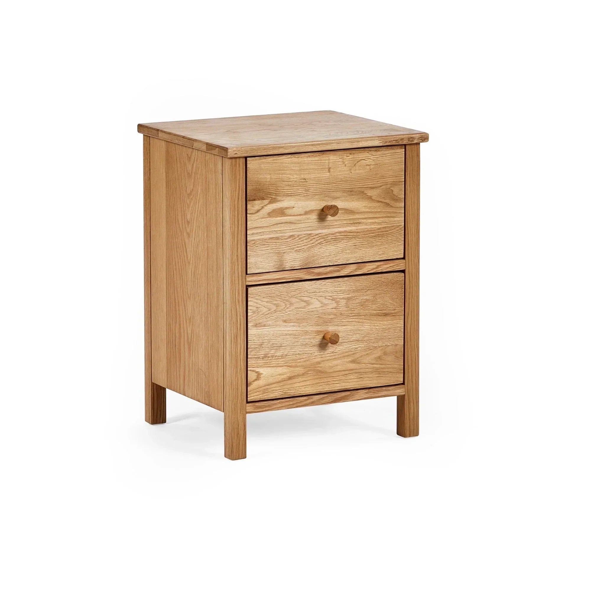 Oak bedside cabinet with two drawers and wooden knobs on white background