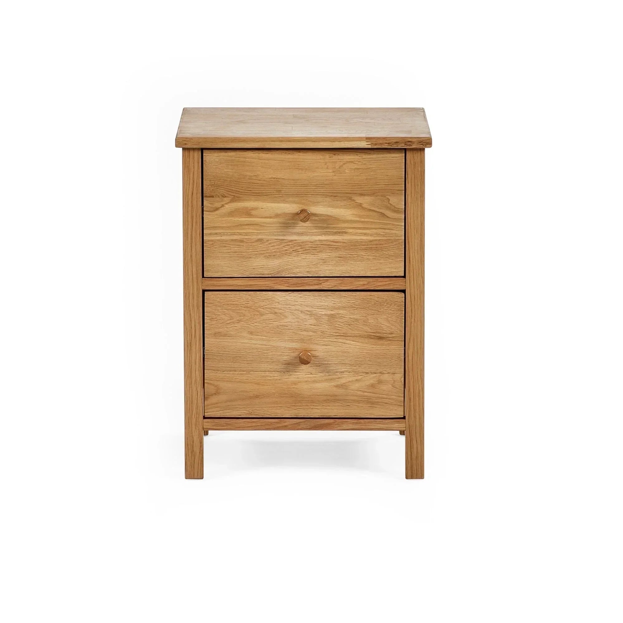 Oak bedside table with two drawers and round wooden handles, front view