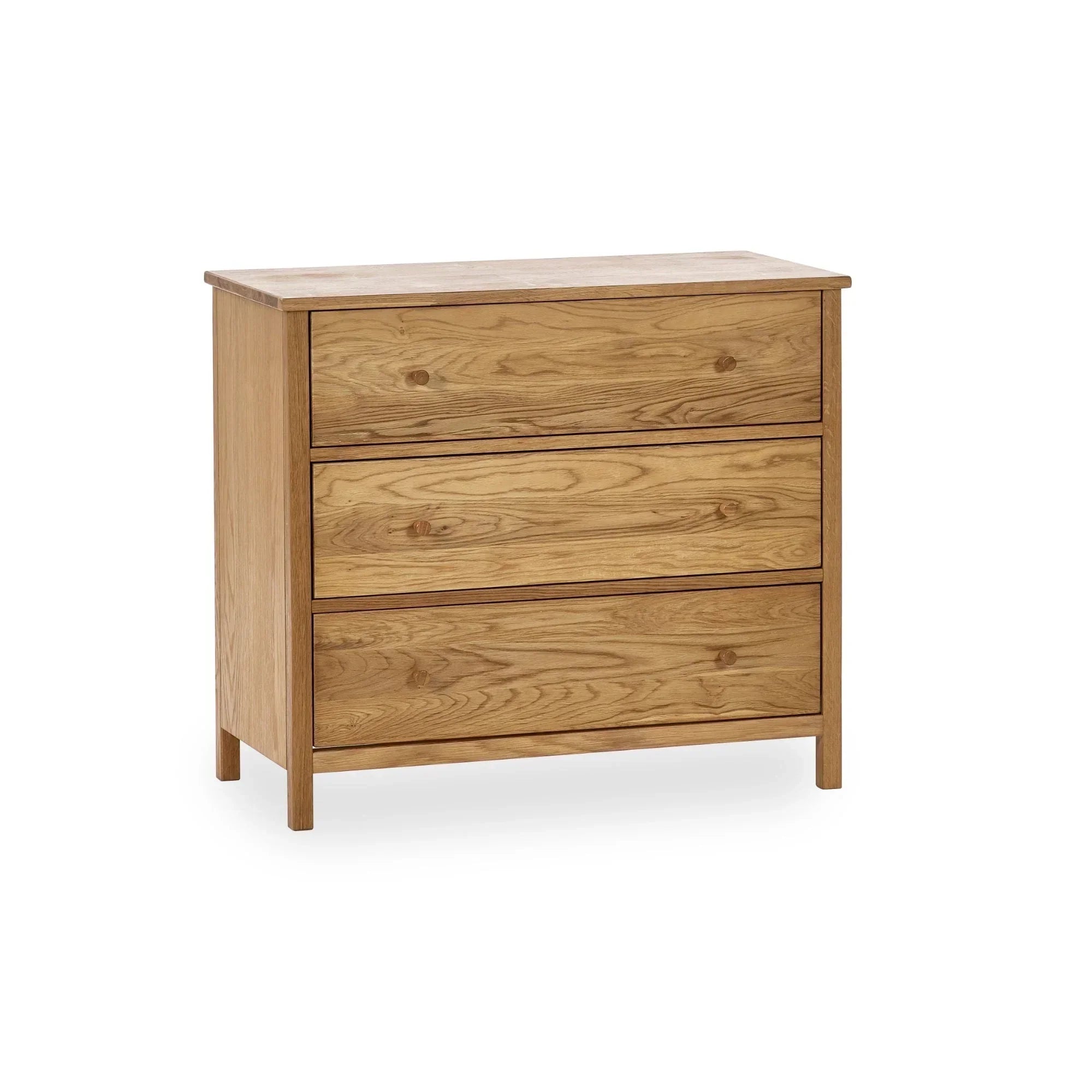 Oak chest of drawers with three spacious drawers and natural wood grain finish