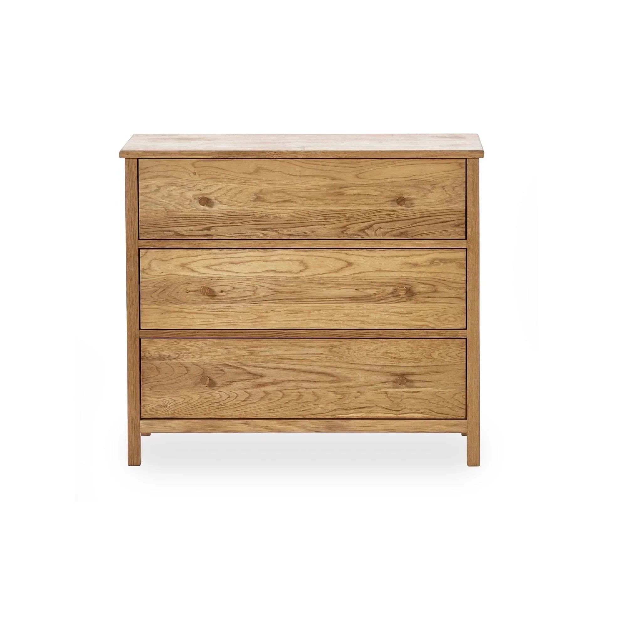 Oak chest of drawers with three spacious drawers and natural wood grain finish, front view