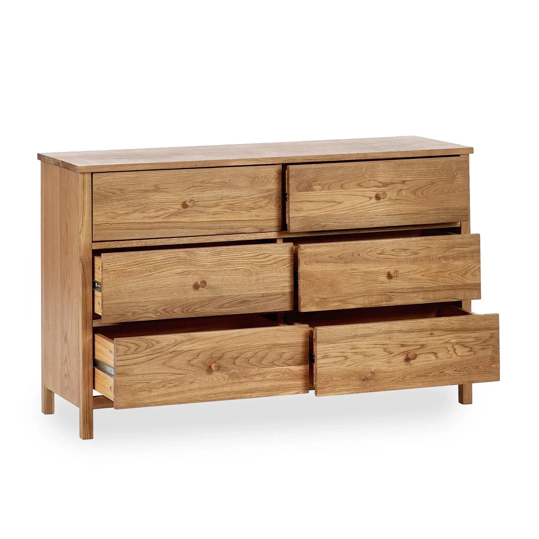 Oak chest of drawers with six spacious drawers, natural wood finish, two drawers open