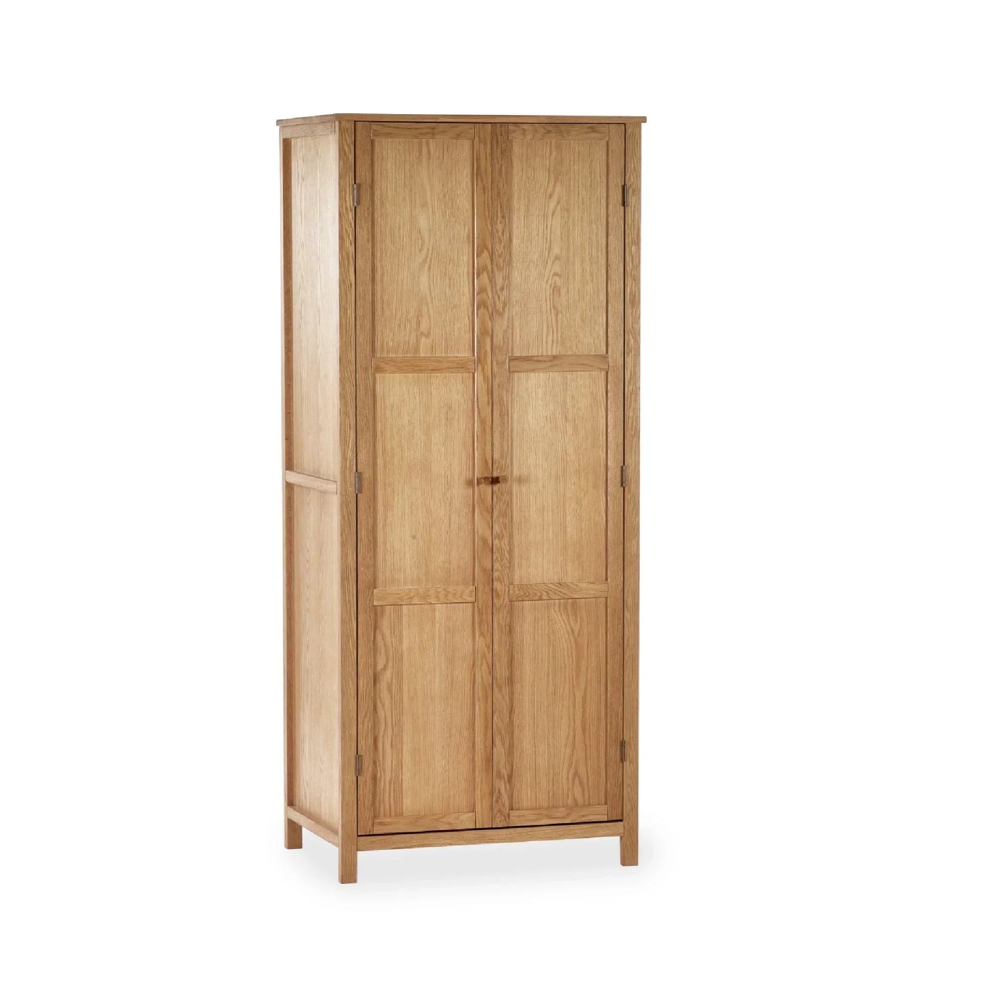 Tall oak wardrobe with two panelled doors and natural wood grain finish