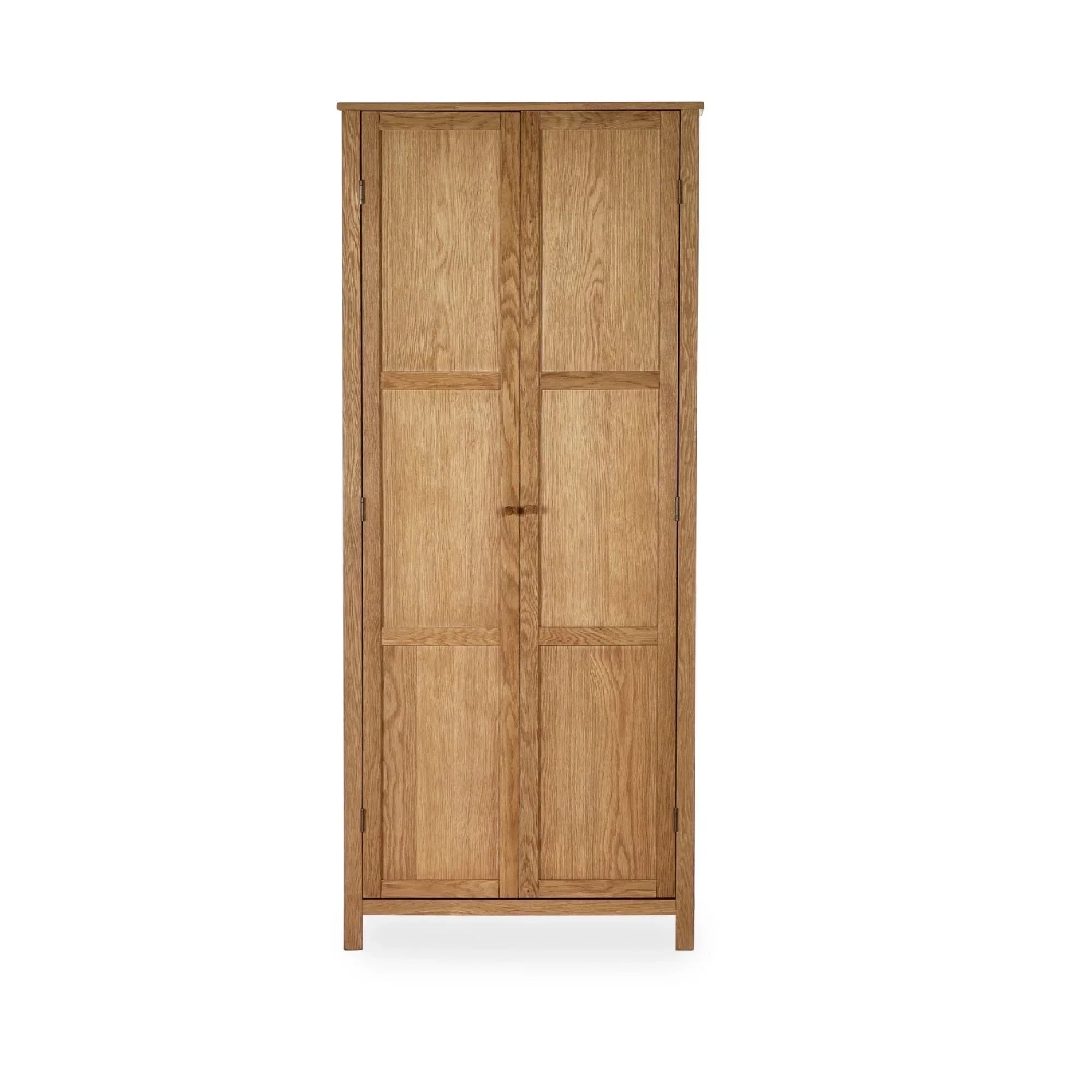 Tall oak wardrobe with double panel doors and minimalist design, shown front facing