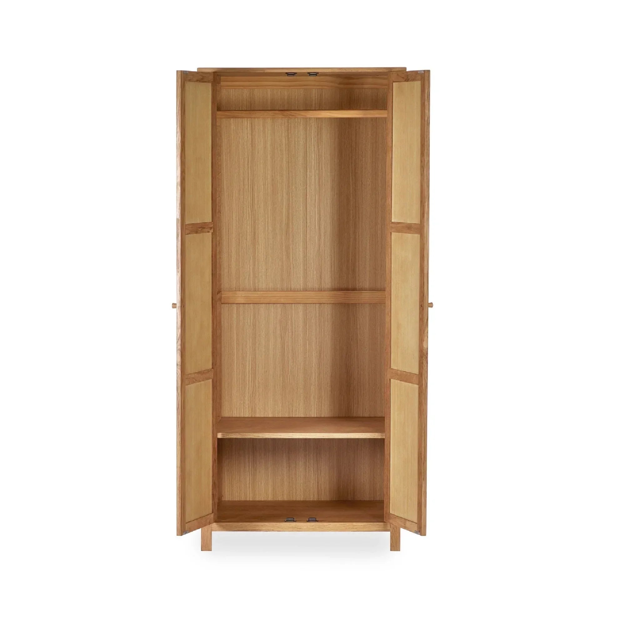 Oak wardrobe with open doors showing hanging rail and internal shelves
