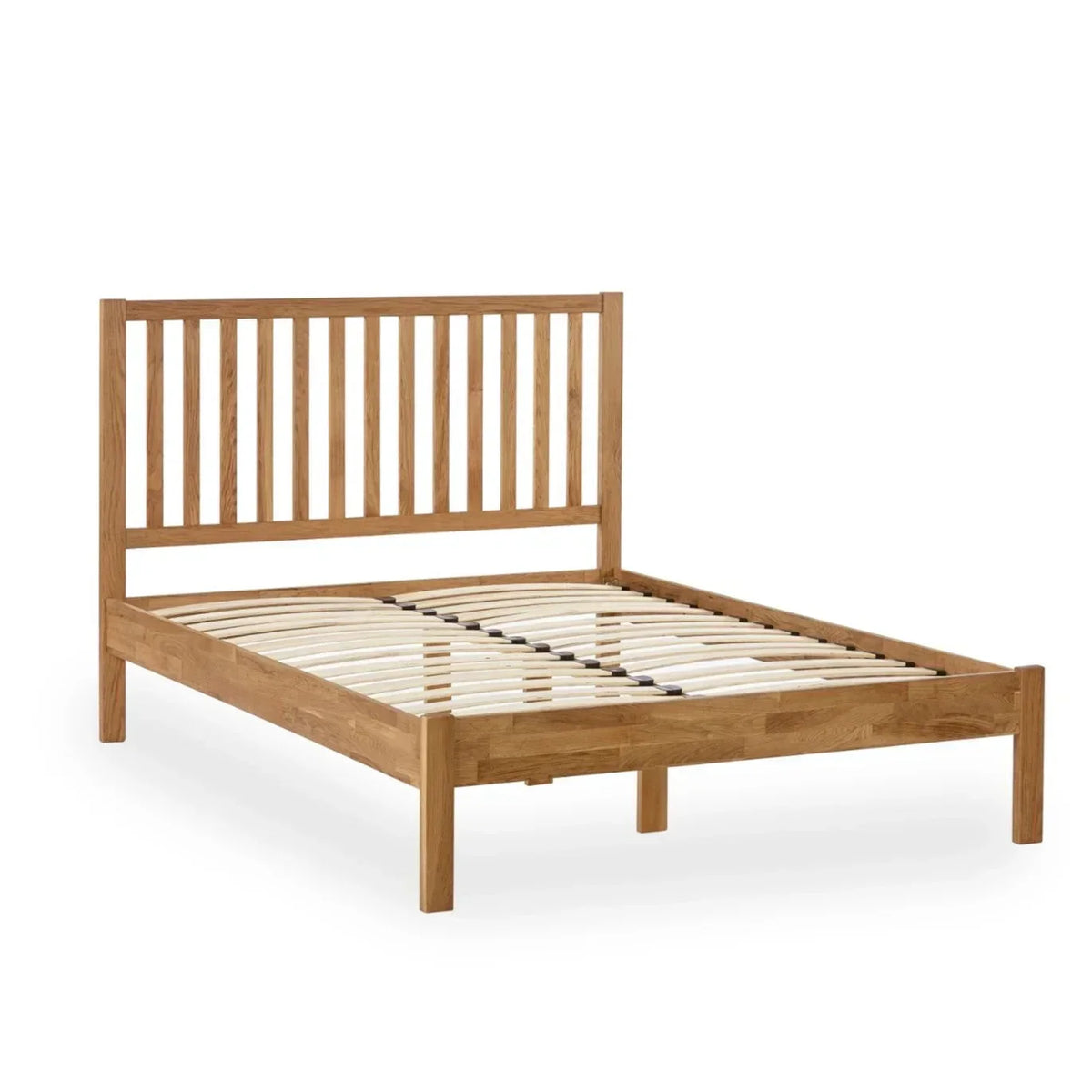 Oak double bed frame with slatted headboard and wooden slats on white background