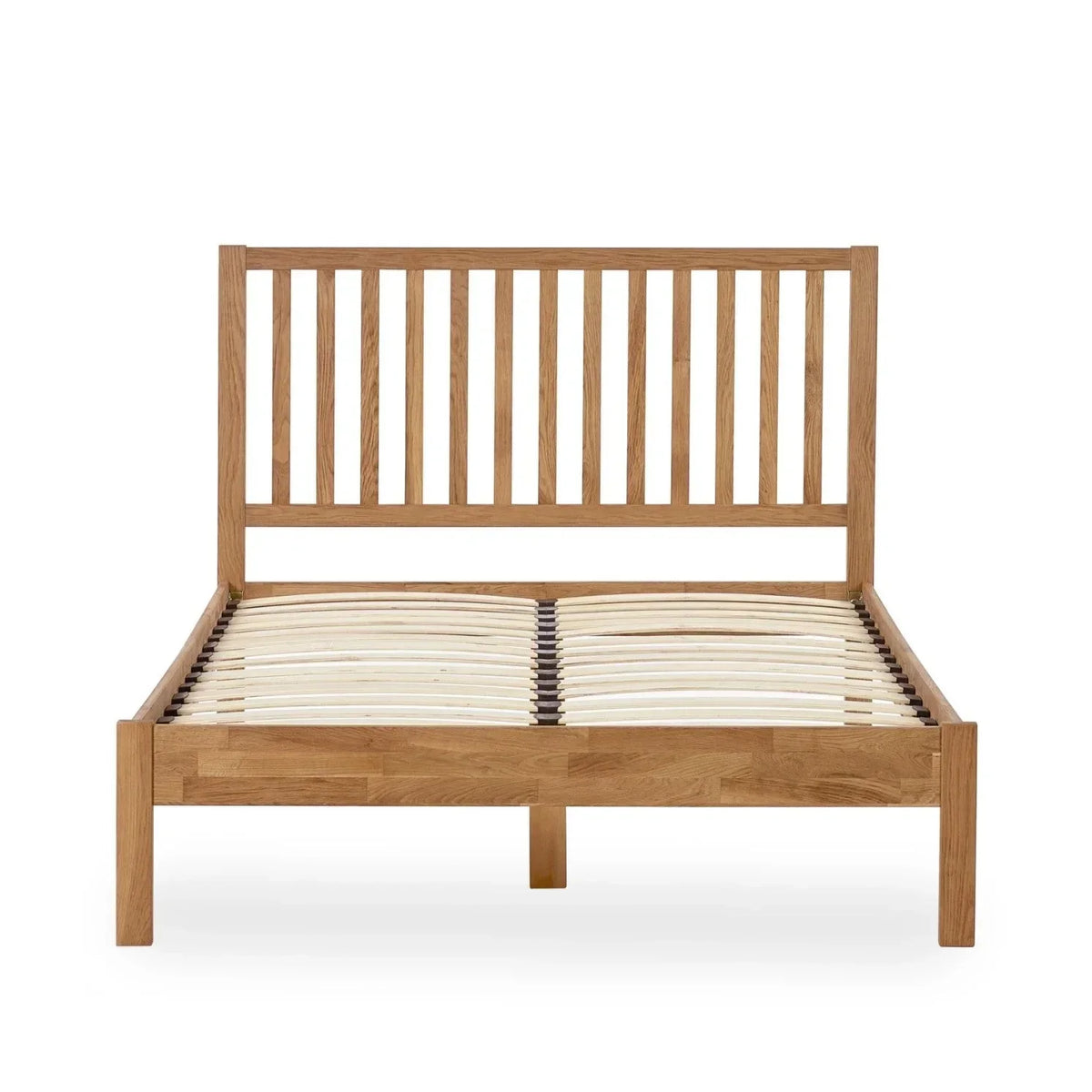 Oak double bed frame with vertical slat headboard and wooden slatted base, frontal view