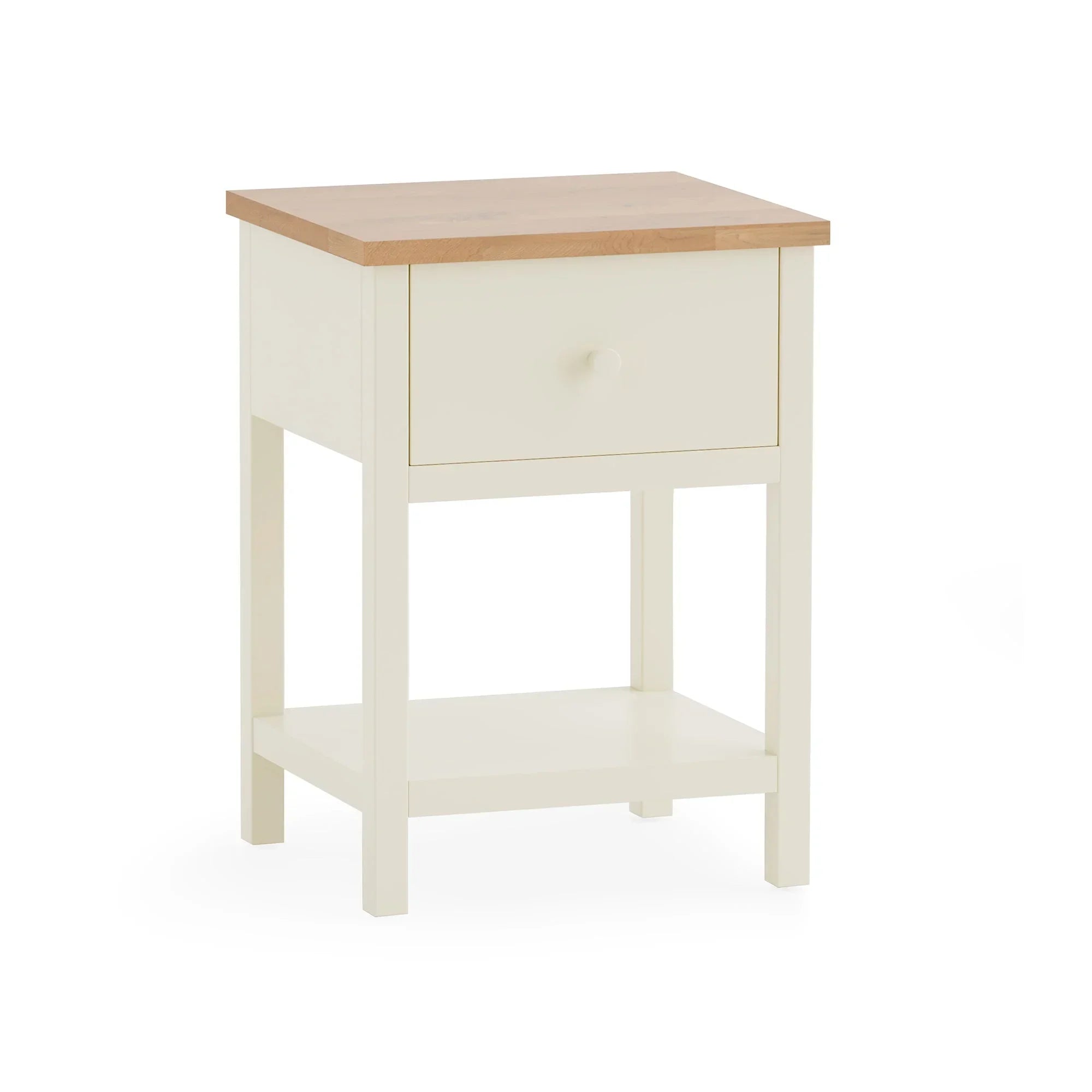 Ivory oak bedside table with one drawer and shelf, shown against white background