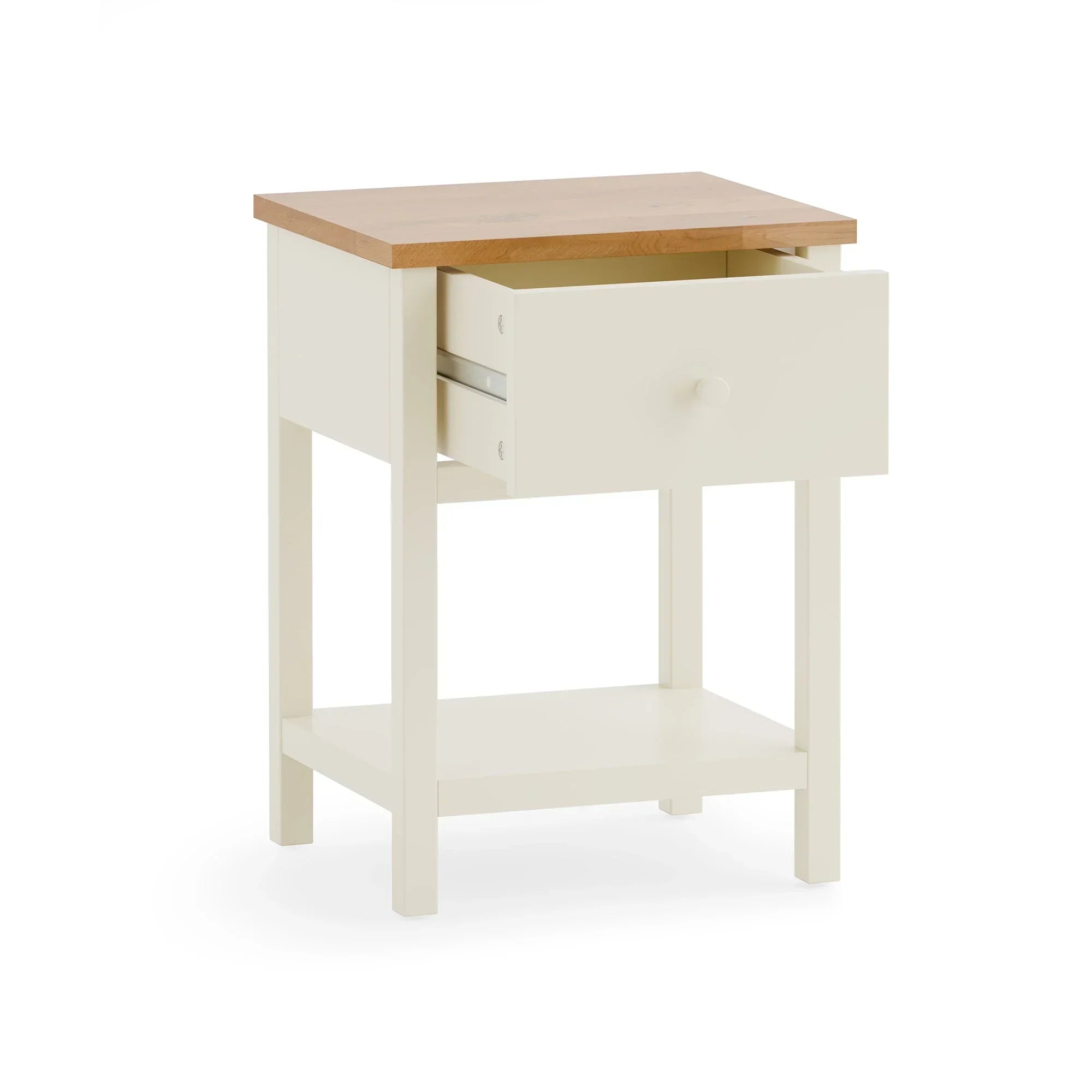 Ivory oak bedside table with one open drawer and shelf, modern wood nightstand design