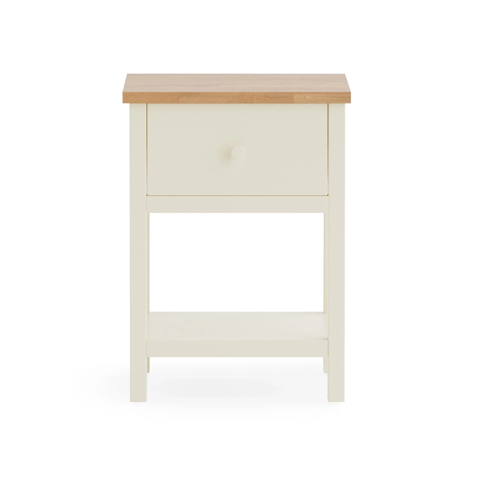 Ivory bedside table with oak top, single drawer and lower shelf, front view