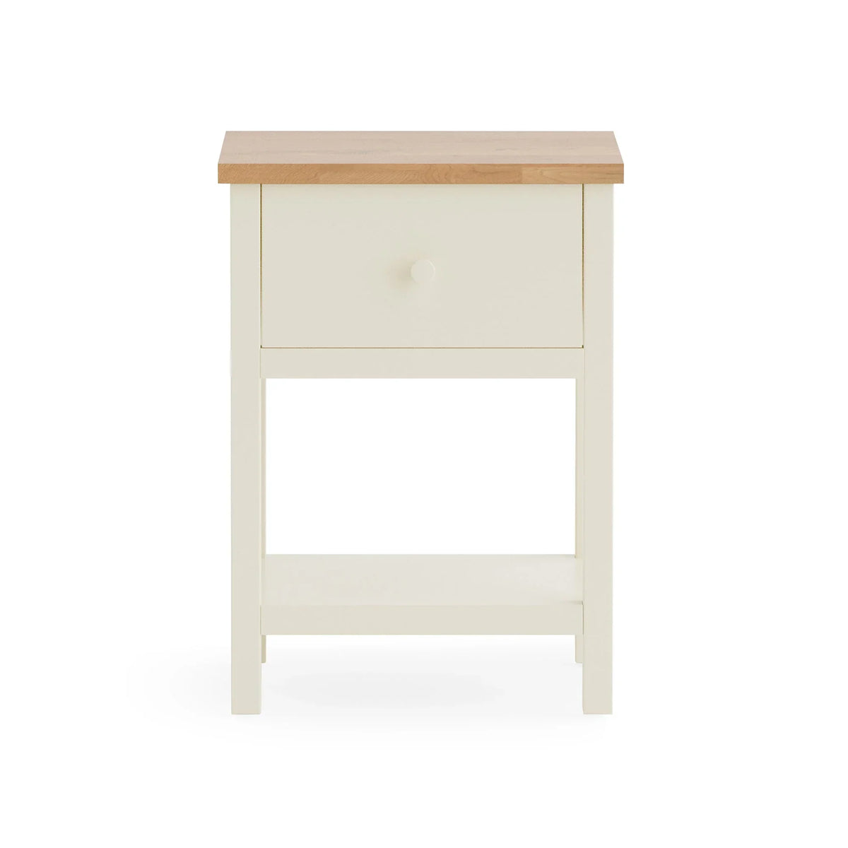 Ivory bedside table with oak top, single drawer and lower shelf, front view