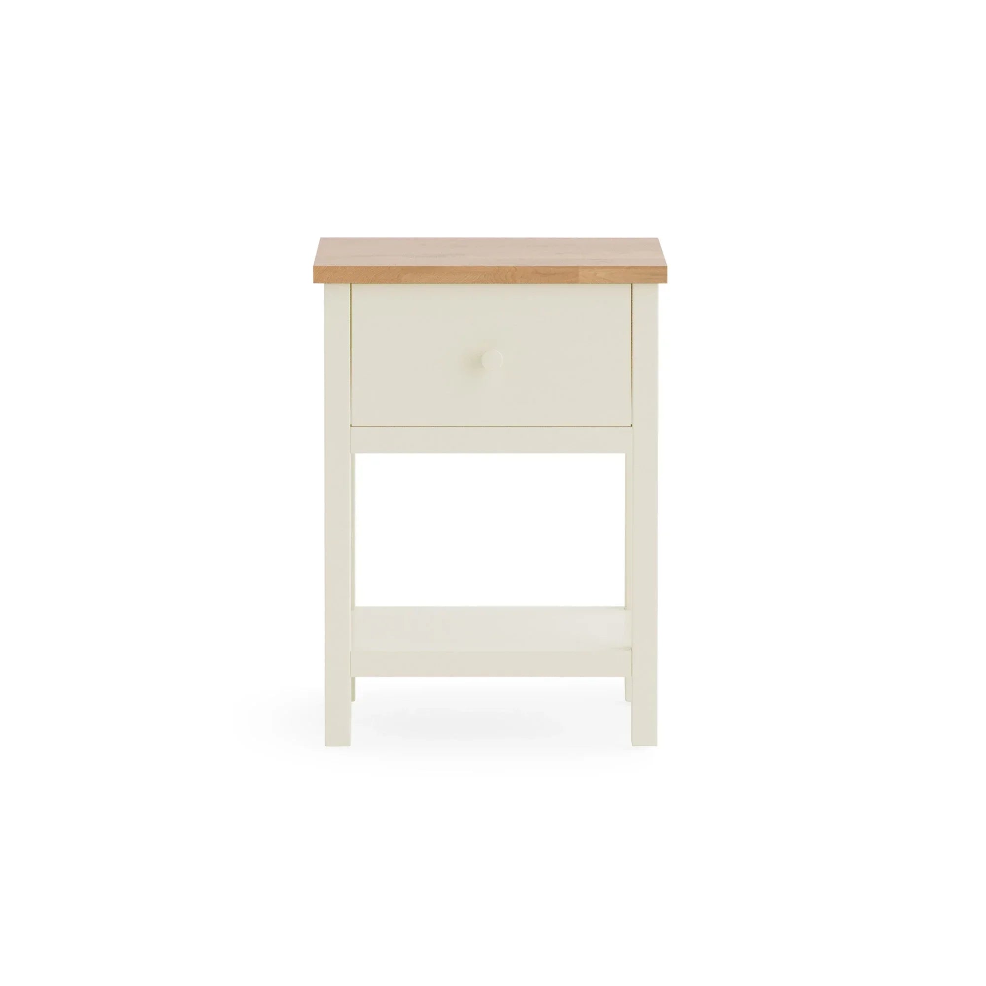 Cream bedside table with wooden top, single drawer and open shelf, front view