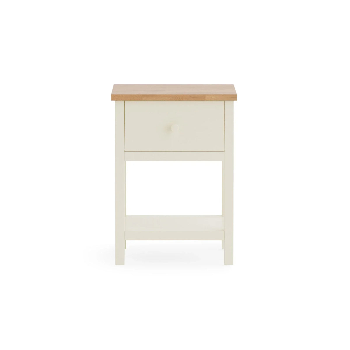 Cream bedside table with wooden top, single drawer and open shelf, front view