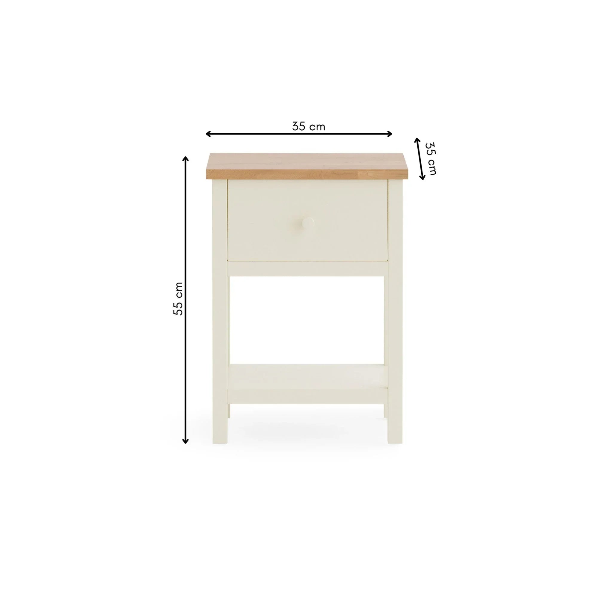 Cream bedside table with wooden top, single drawer, and dimensions marked 55x35x35 cm