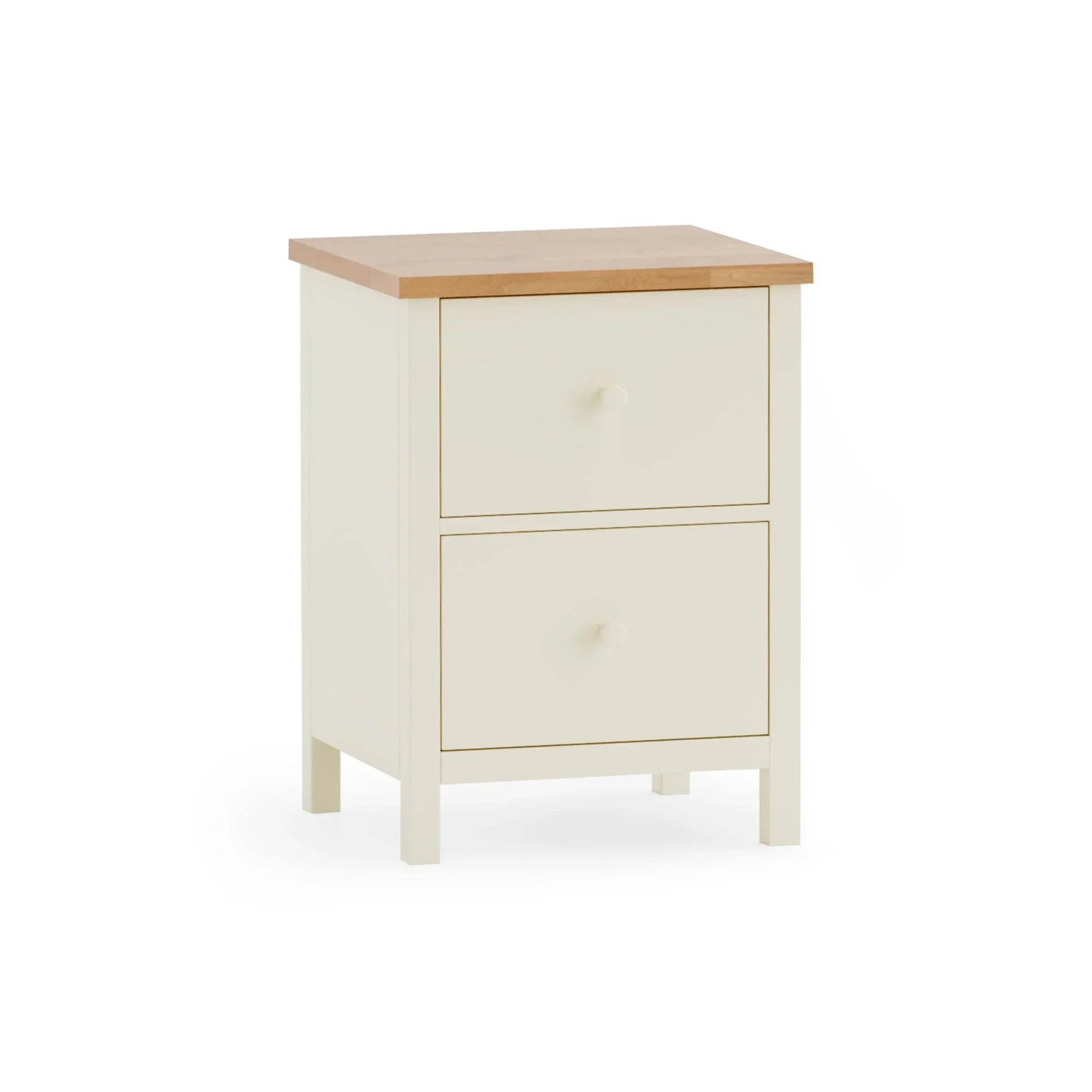Cream two drawer bedside table with light wood top