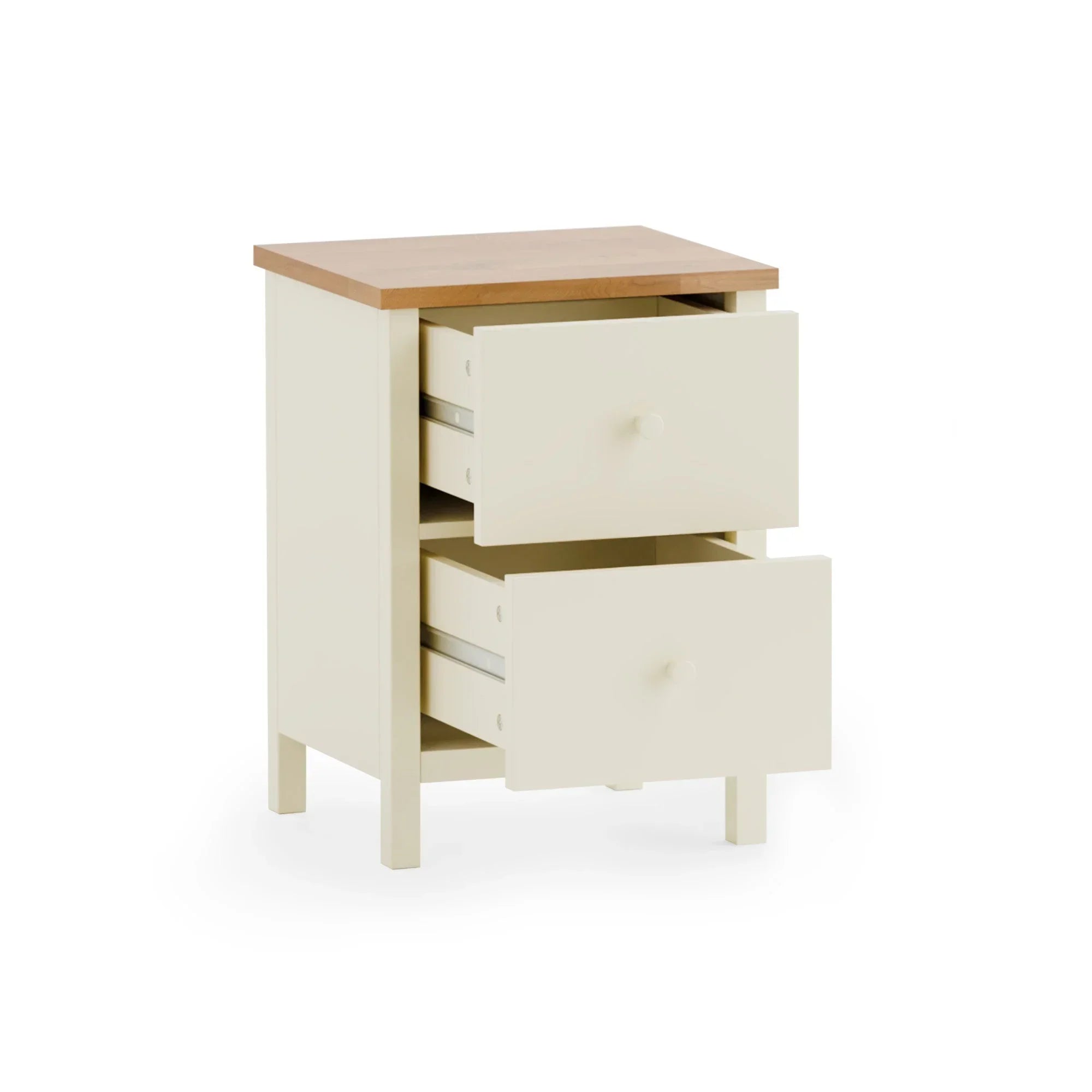 Cream bedside table with two open drawers and oak effect top