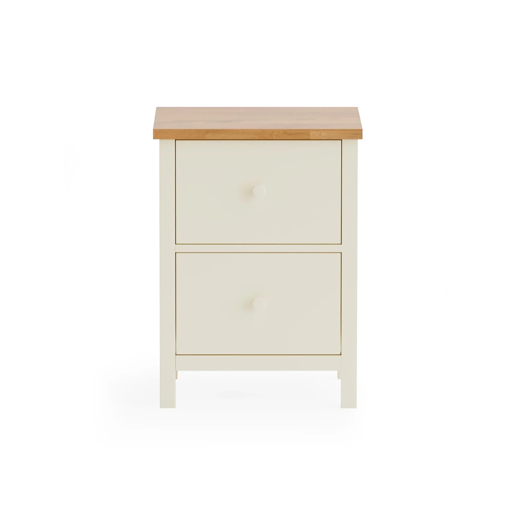 Cream bedside table with two drawers and a natural wood top, front view