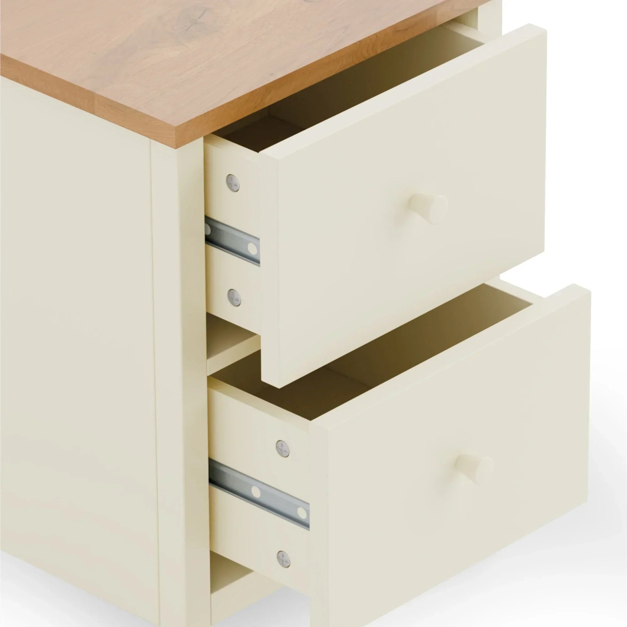 Cream bedside table with wood top showing two open storage drawers