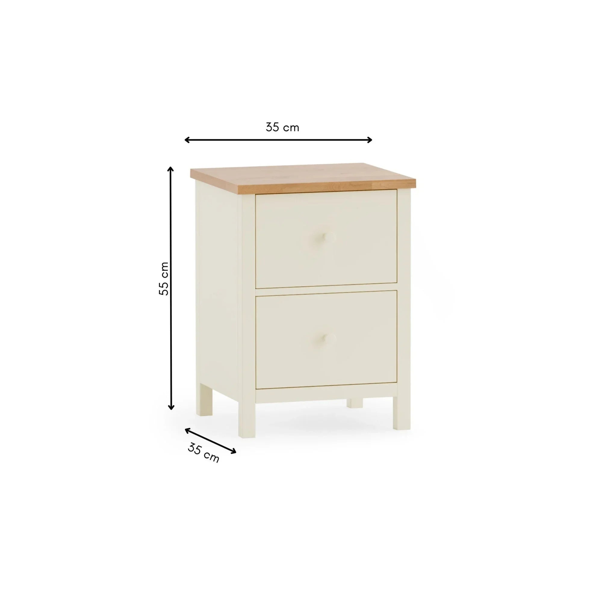Cream bedside table with two drawers and wood top, 55x35x35 cm, against white background