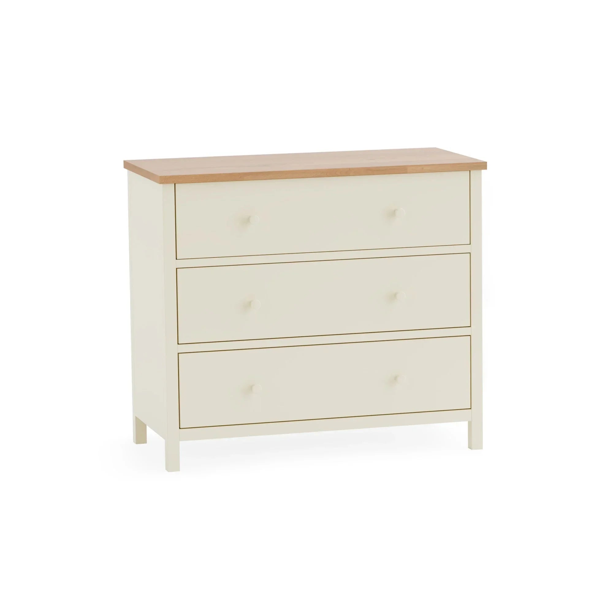 Cream three drawer chest with light wood top and round handles, front view