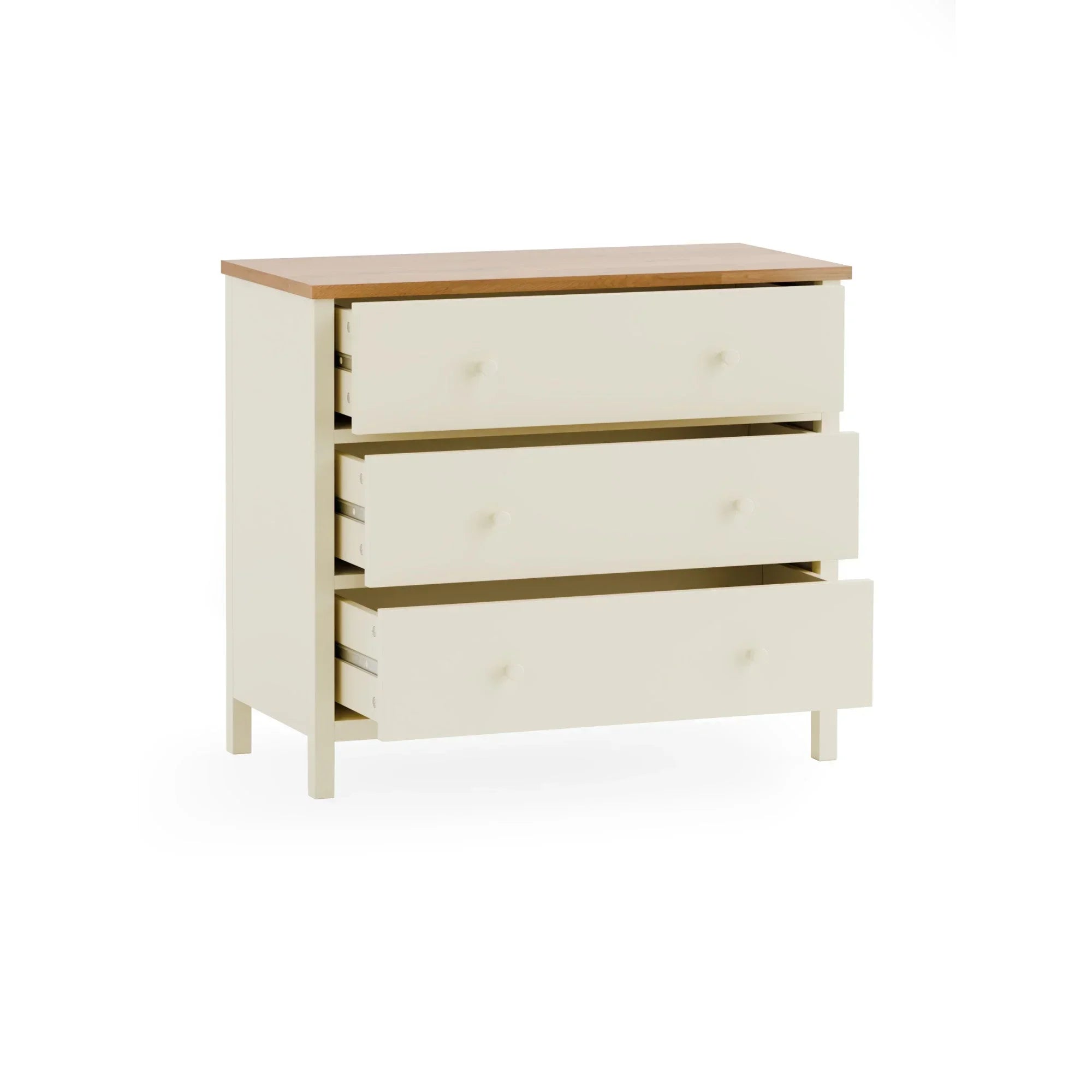Cream chest of drawers with wooden top and three open storage drawers on white background