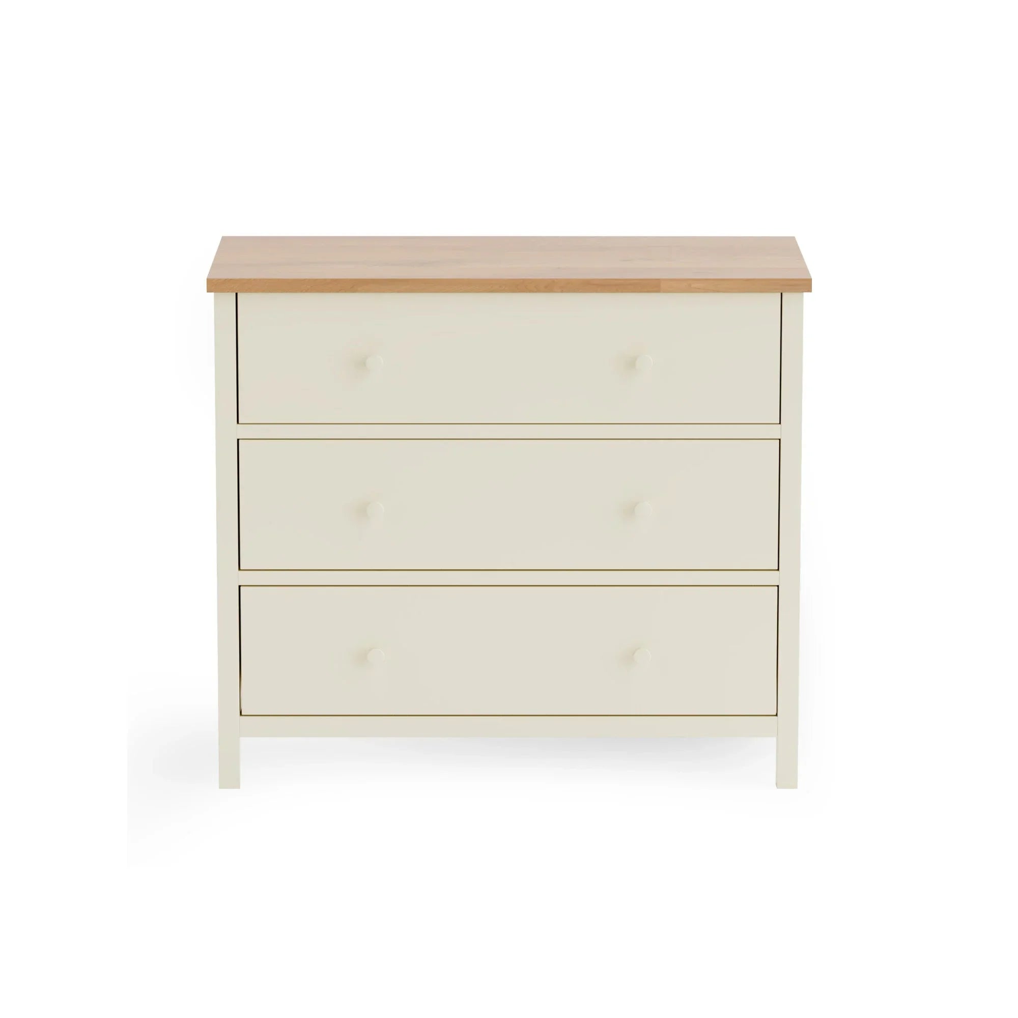 Cream three drawer chest with light wood top, modern bedroom storage furniture front view