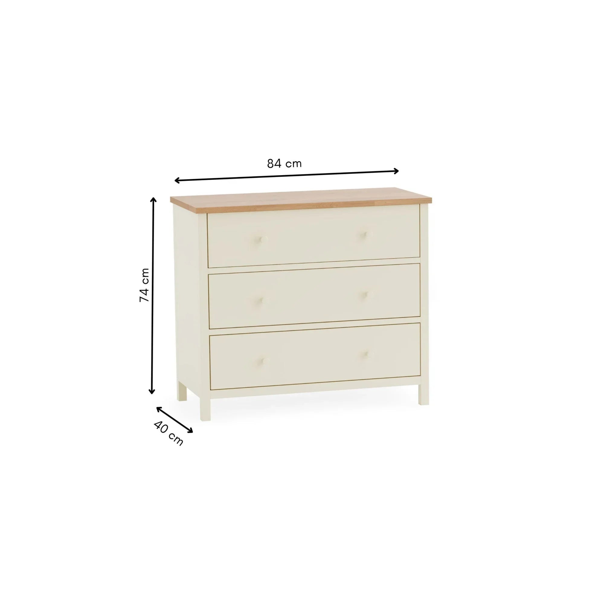 Cream chest of drawers with three drawers, wood top, and dimensions 84x40x74 cm