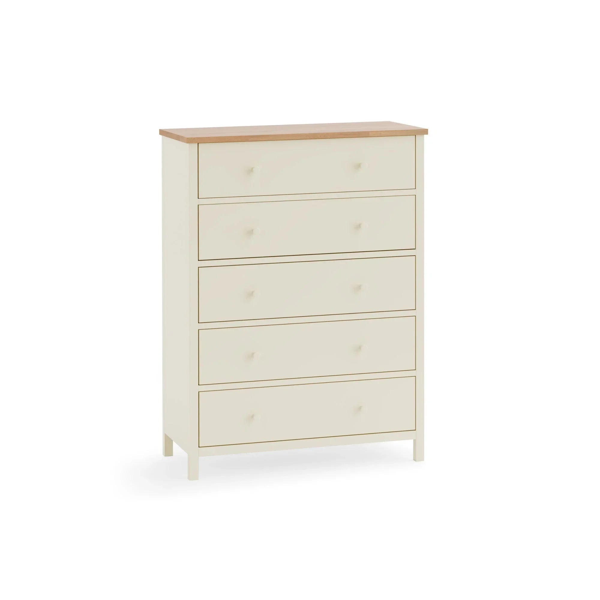Cream chest of drawers with five drawers and light wood top, front angle view