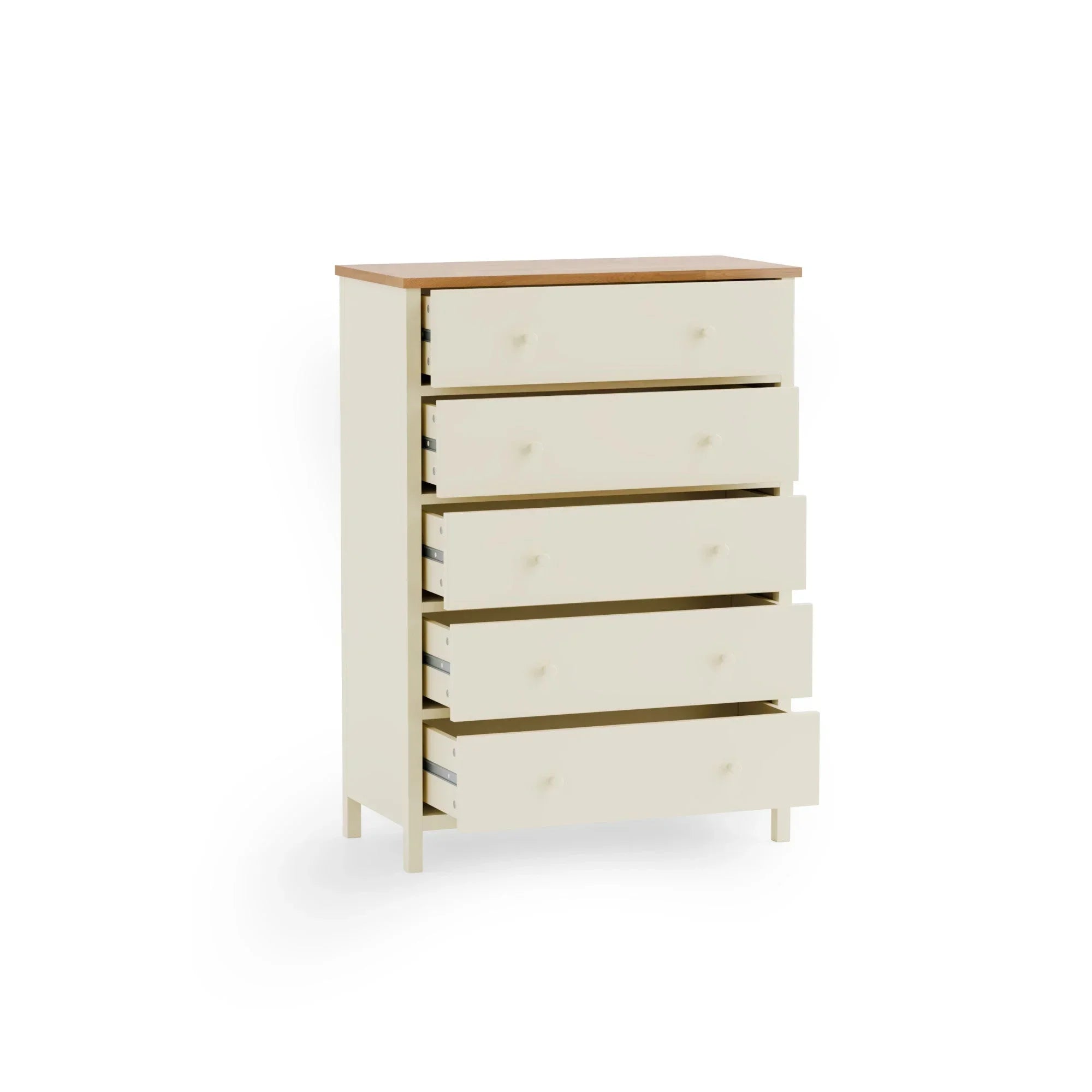 Cream chest of drawers with five open drawers and wood top on white background
