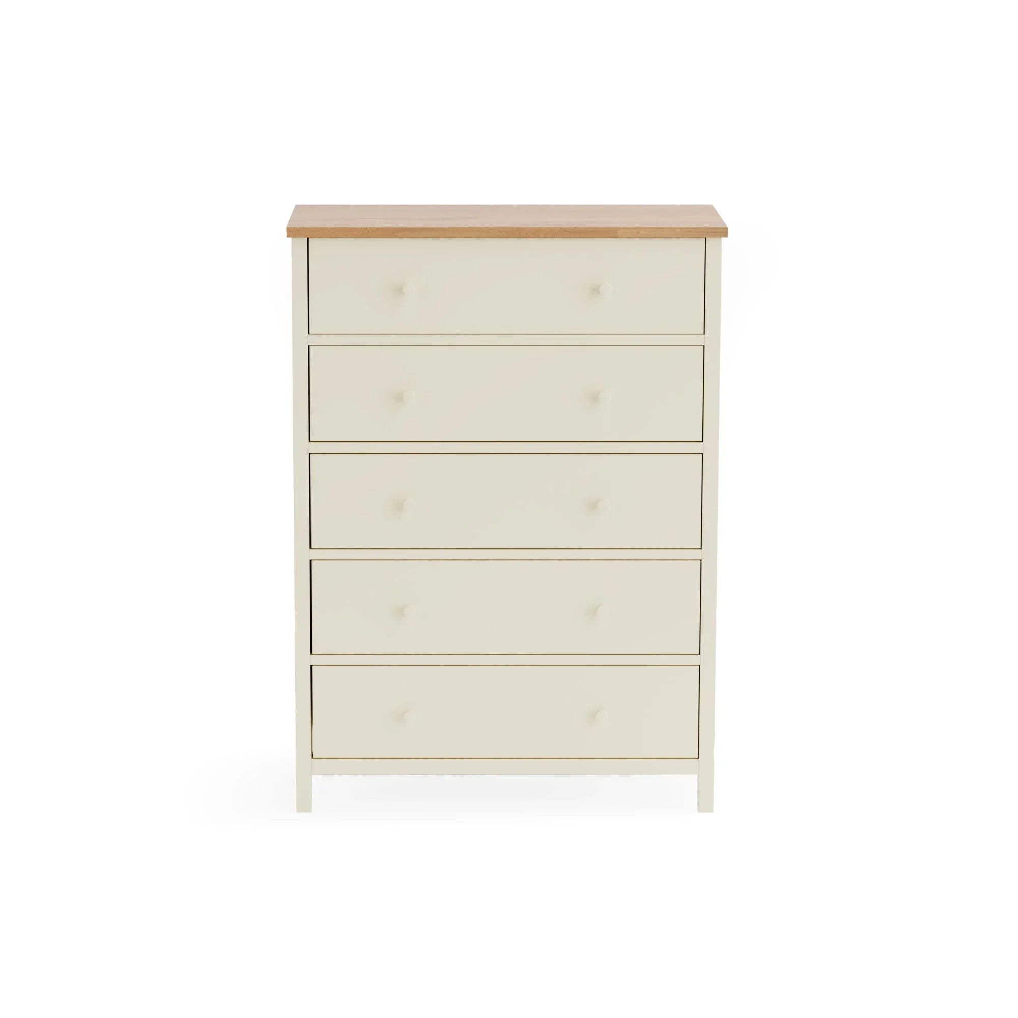 Cream chest of drawers with five drawers and light wood top, front view