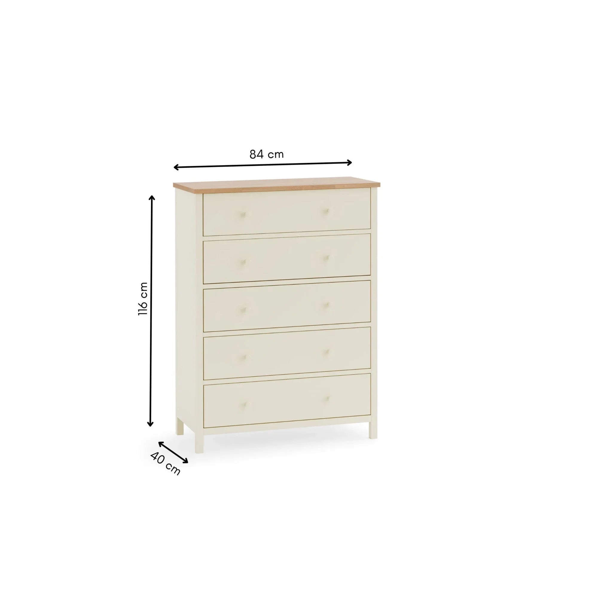 Cream chest of drawers with wooden top, six drawers, showing dimensions 116x84x40 cm