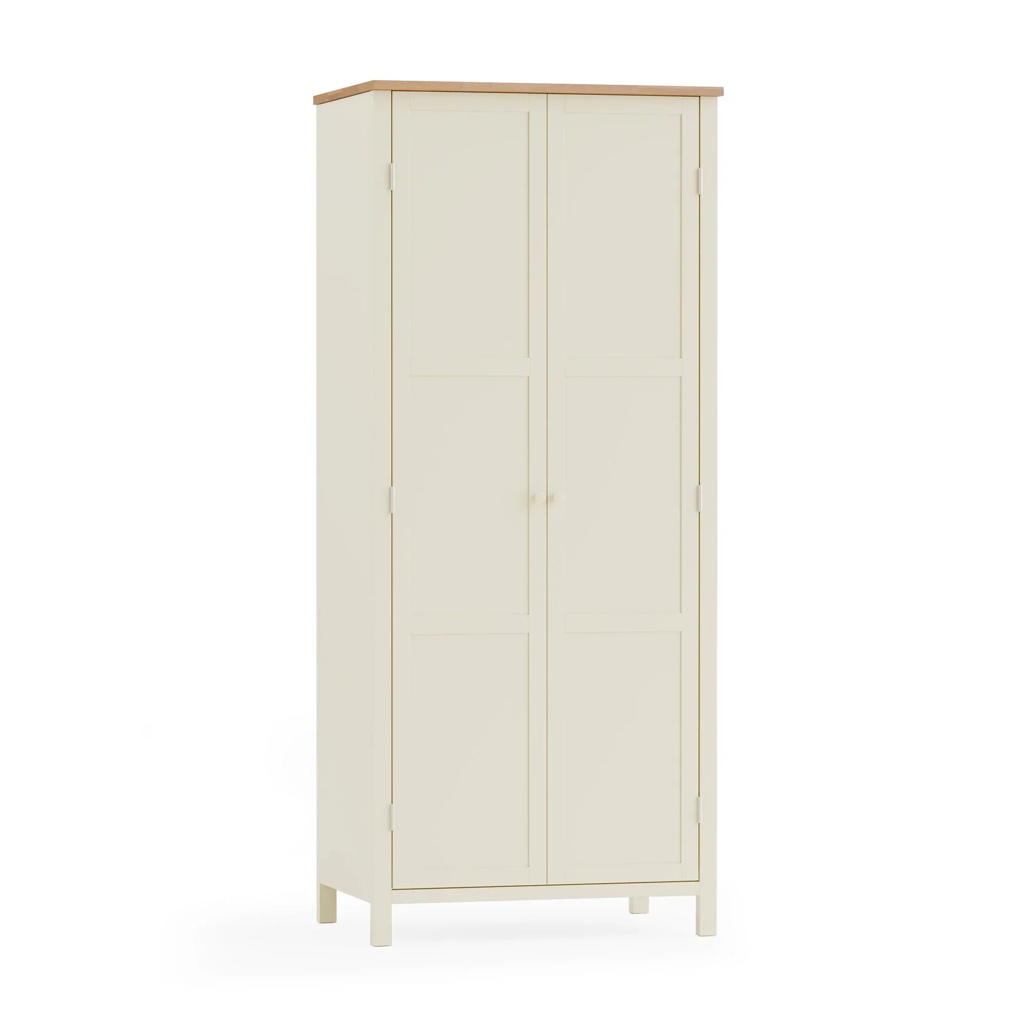 Ivory wardrobe with two doors and oak top, freestanding on white background