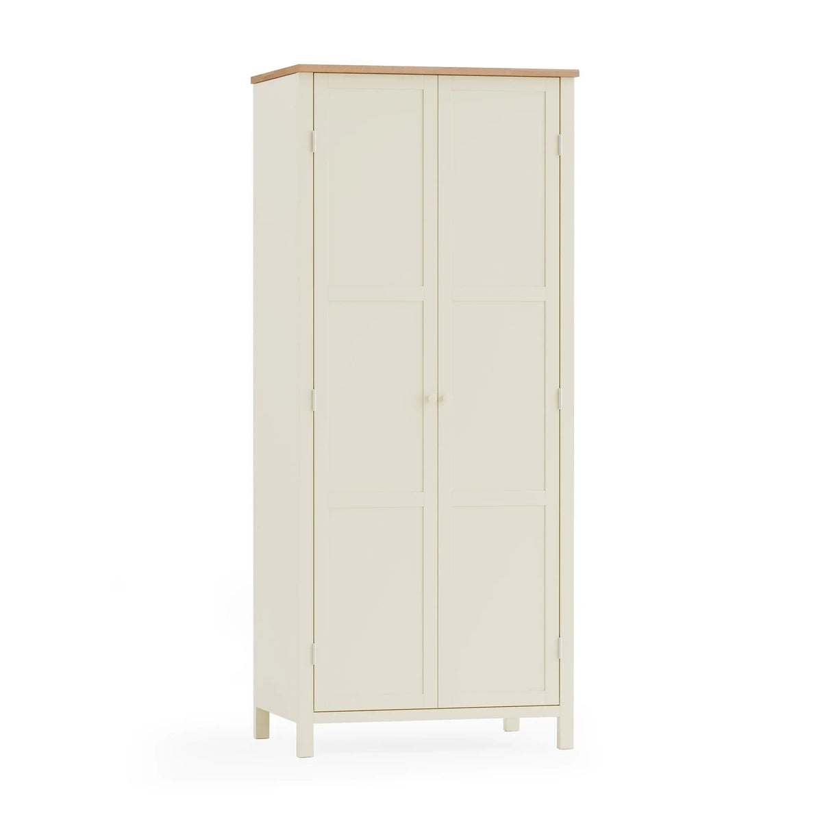 Ivory wardrobe with two doors and oak top, freestanding on white background