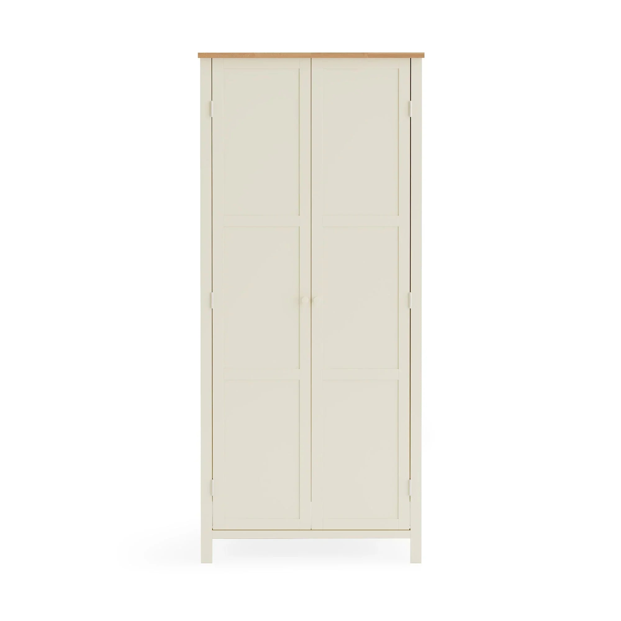 Ivory two door wooden wardrobe with oak top, front view