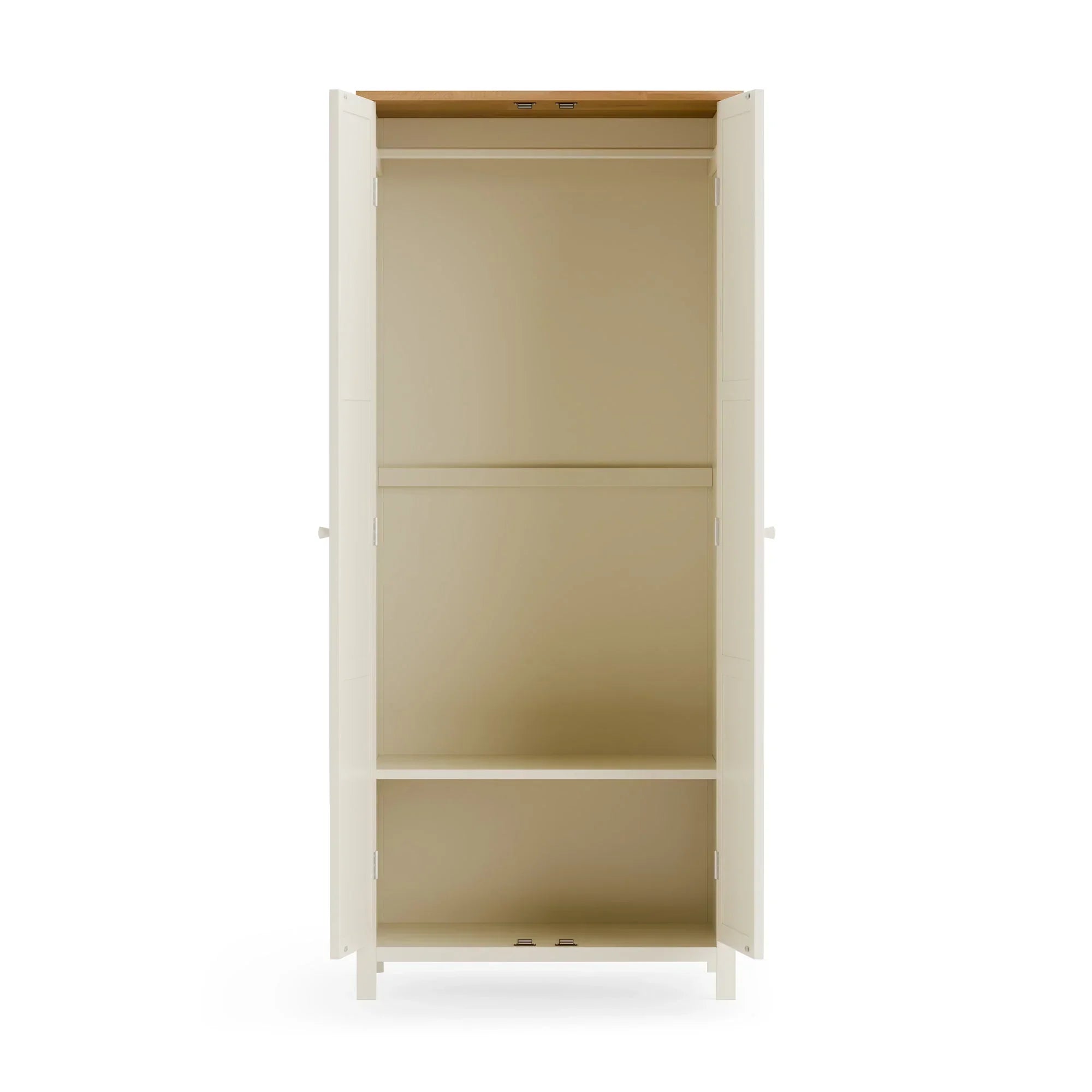 Ivory oak wardrobe with open double doors, top hanging rail and lower shelf visible