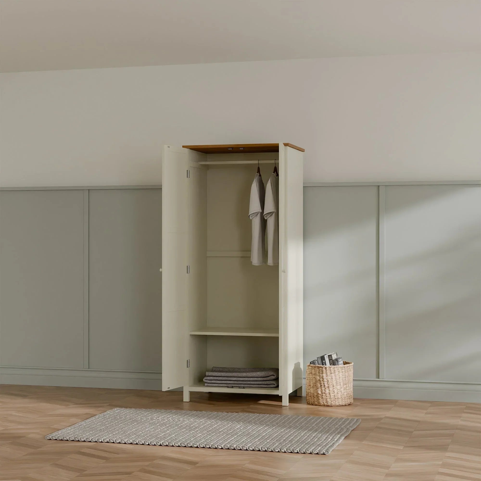 Ivory oak wardrobe with open doors, hanging rail, shelf, and folded linens in modern room