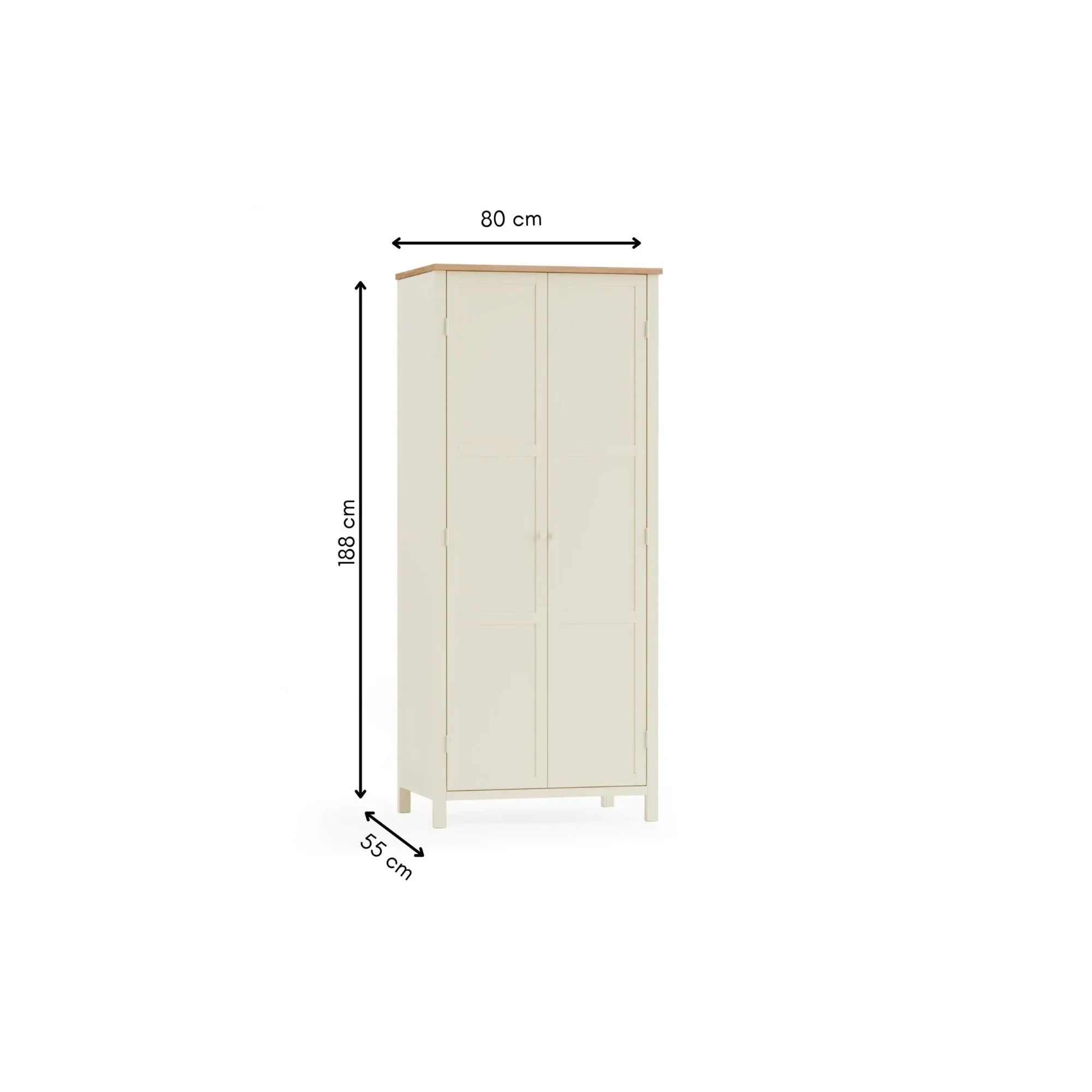 Cream wardrobe with wooden top, two doors, and dimensions 188x80x55 cm