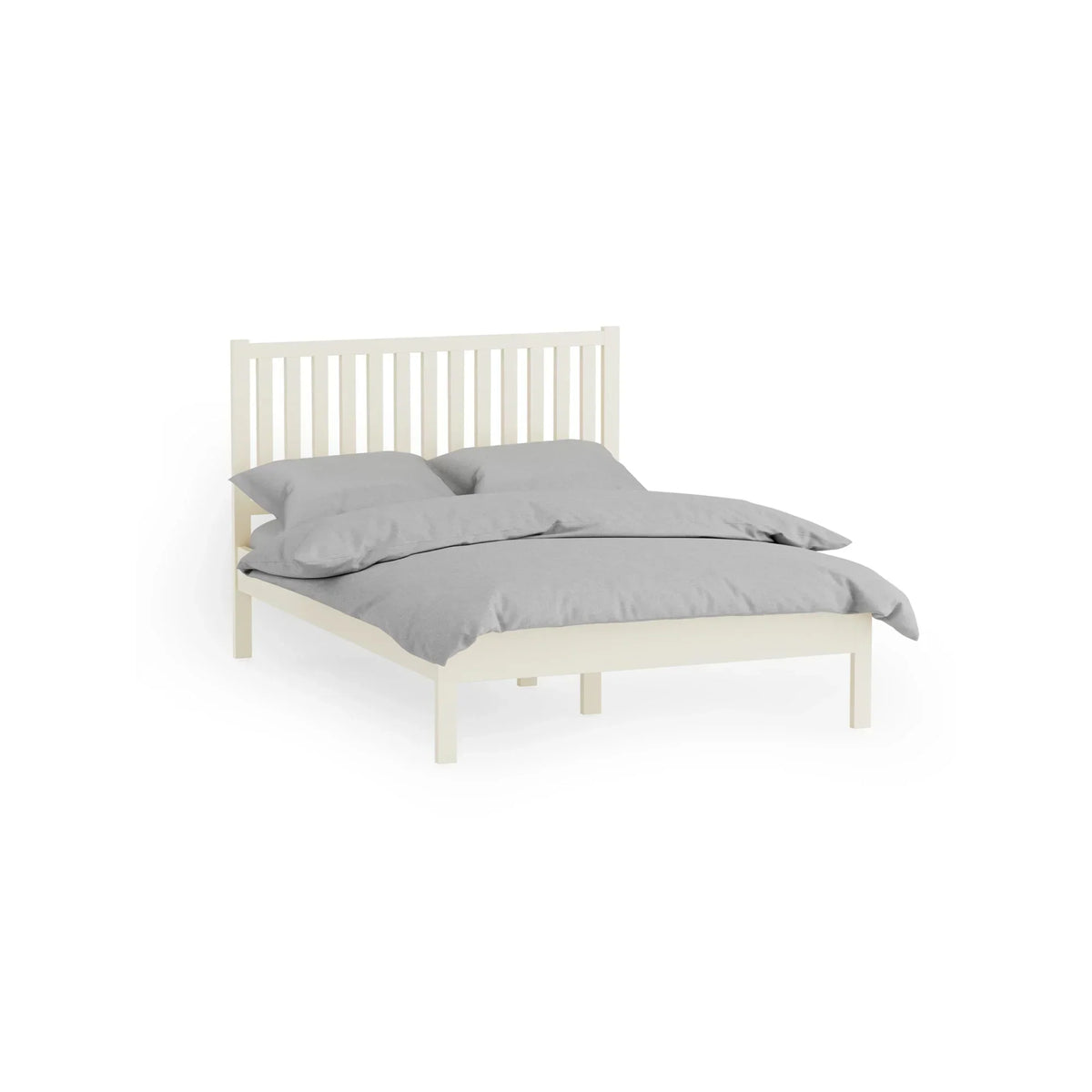 Cream wooden bed frame with slatted headboard and grey bedding, side angle view