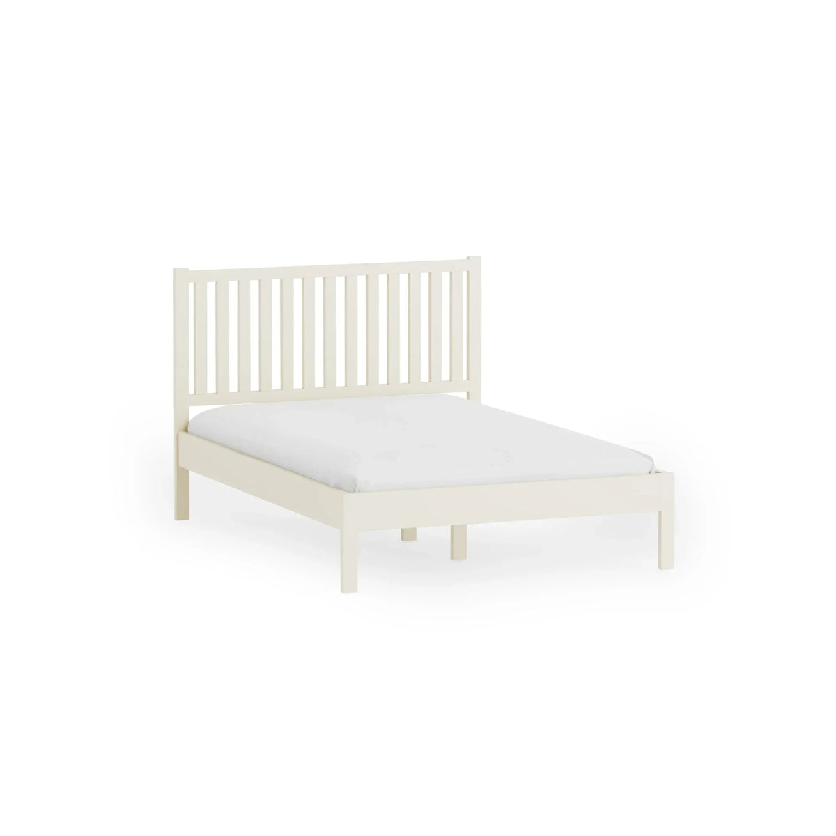 White wooden bed frame with slatted headboard and plain mattress on white background
