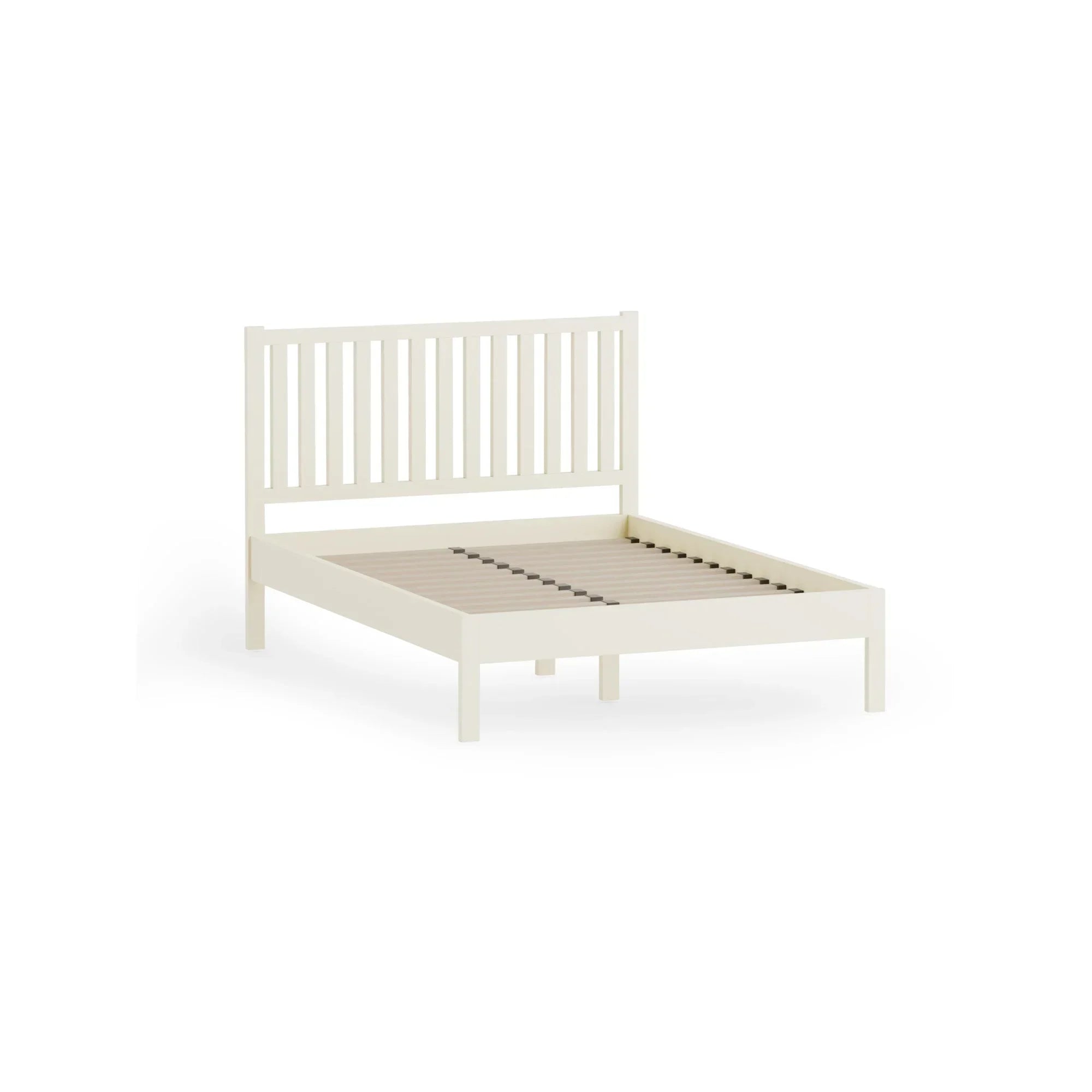 Cream wooden bed frame with slatted headboard and base, shown from front angle