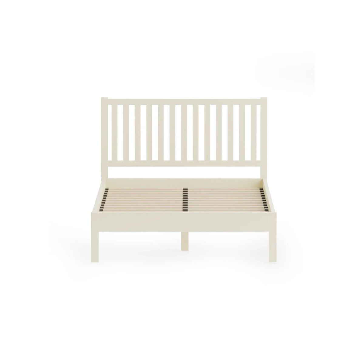 Cream wood bed frame with vertical slat headboard and slatted base, front view