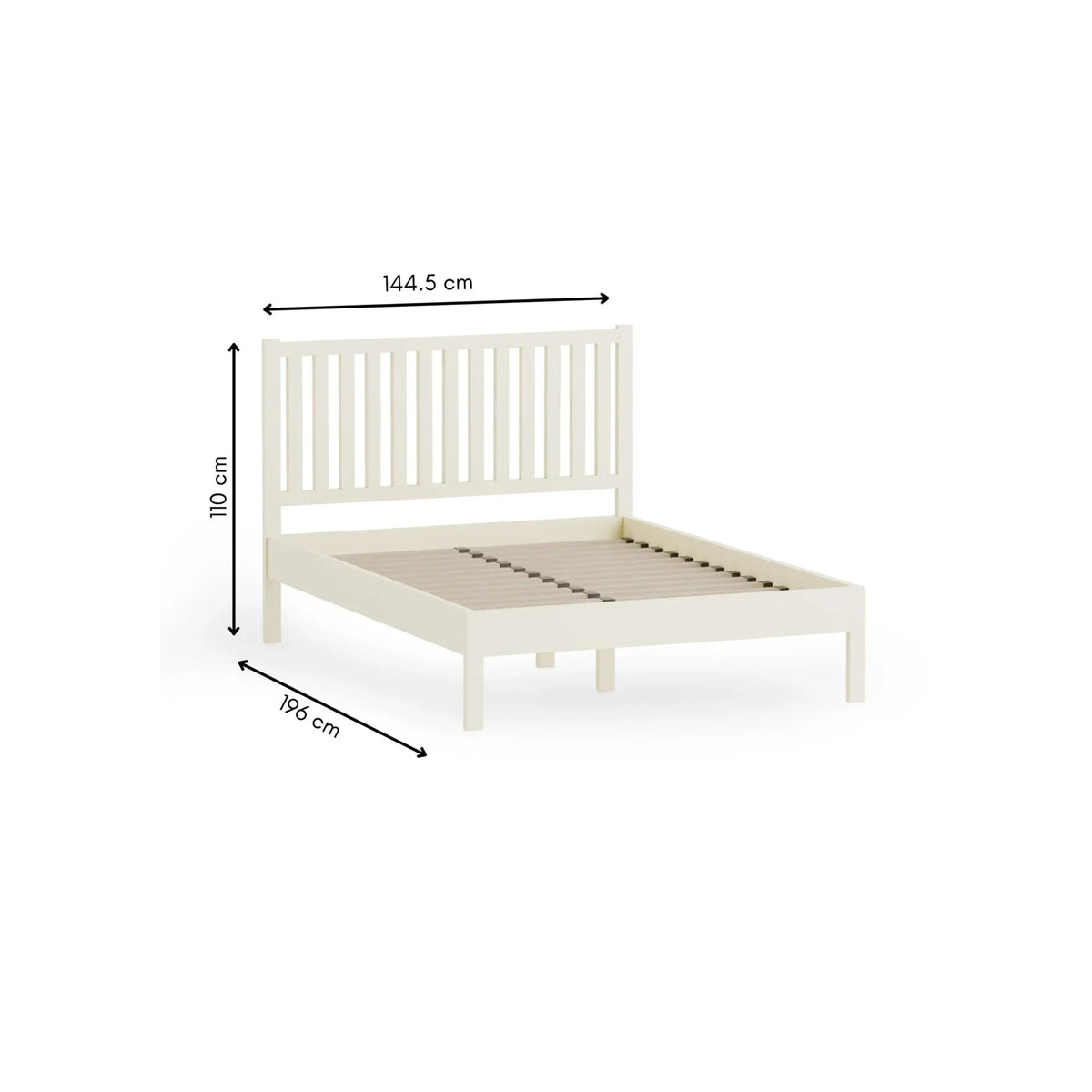 Cream wooden bed frame with slatted headboard, shown with dimensions in centimeters