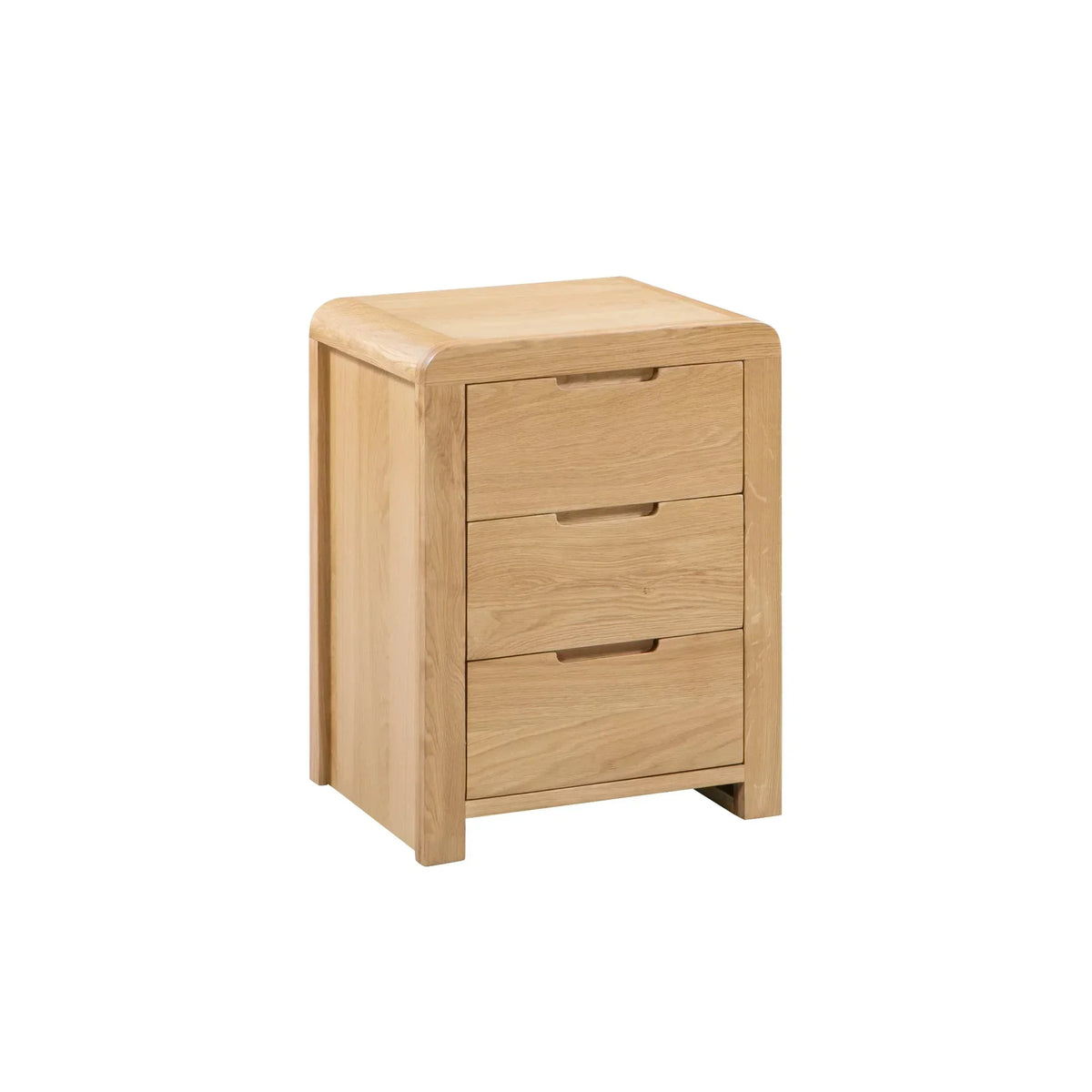 Light oak bedside table with three drawers and curved edges, shown against a white background