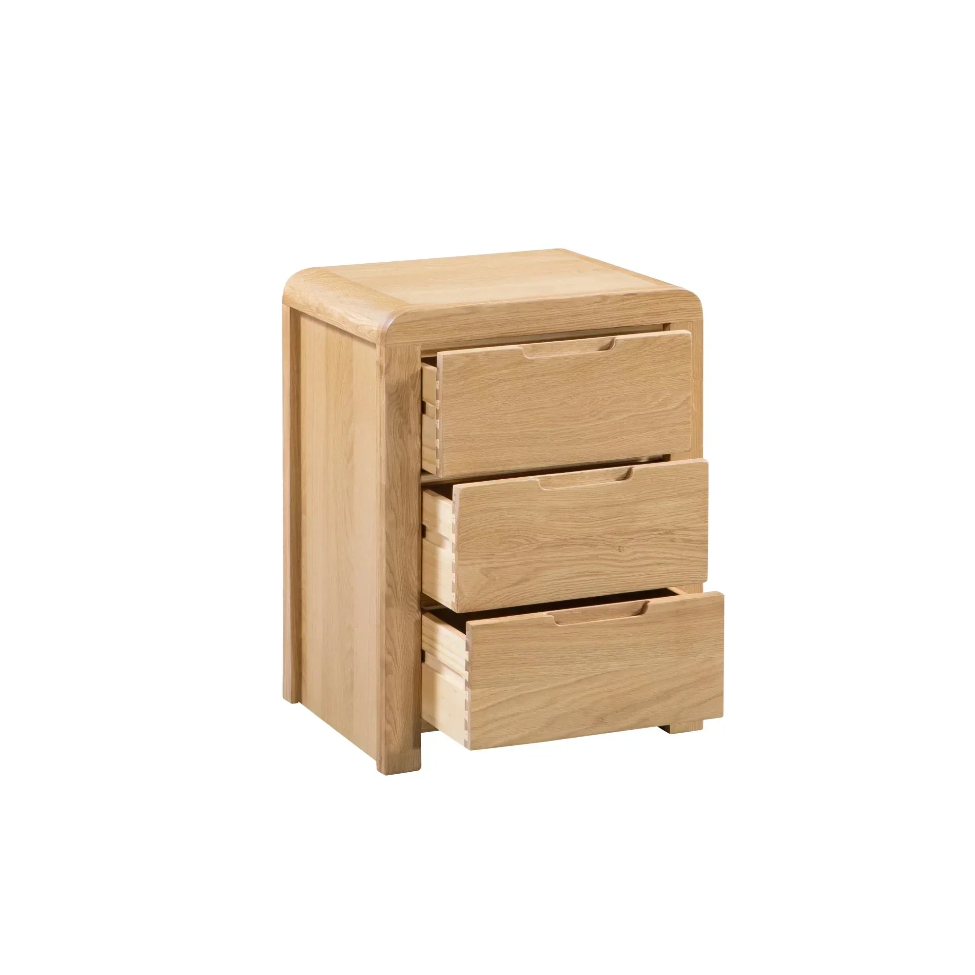 Oak bedside cabinet with three open drawers and curved edges on white background