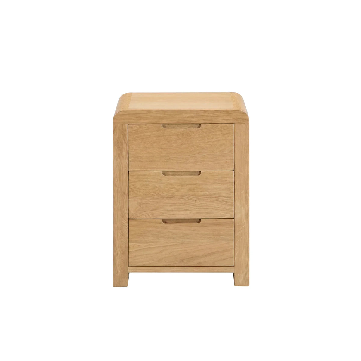 Oak bedside table with three drawers and rounded corners, front view